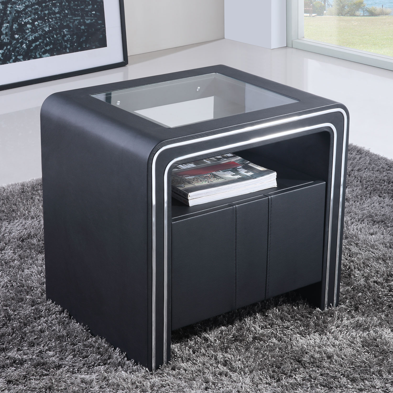 Nachttisch Kommode Nachtkonsole Schwarz aus hochwertigem Kunstleder - S85