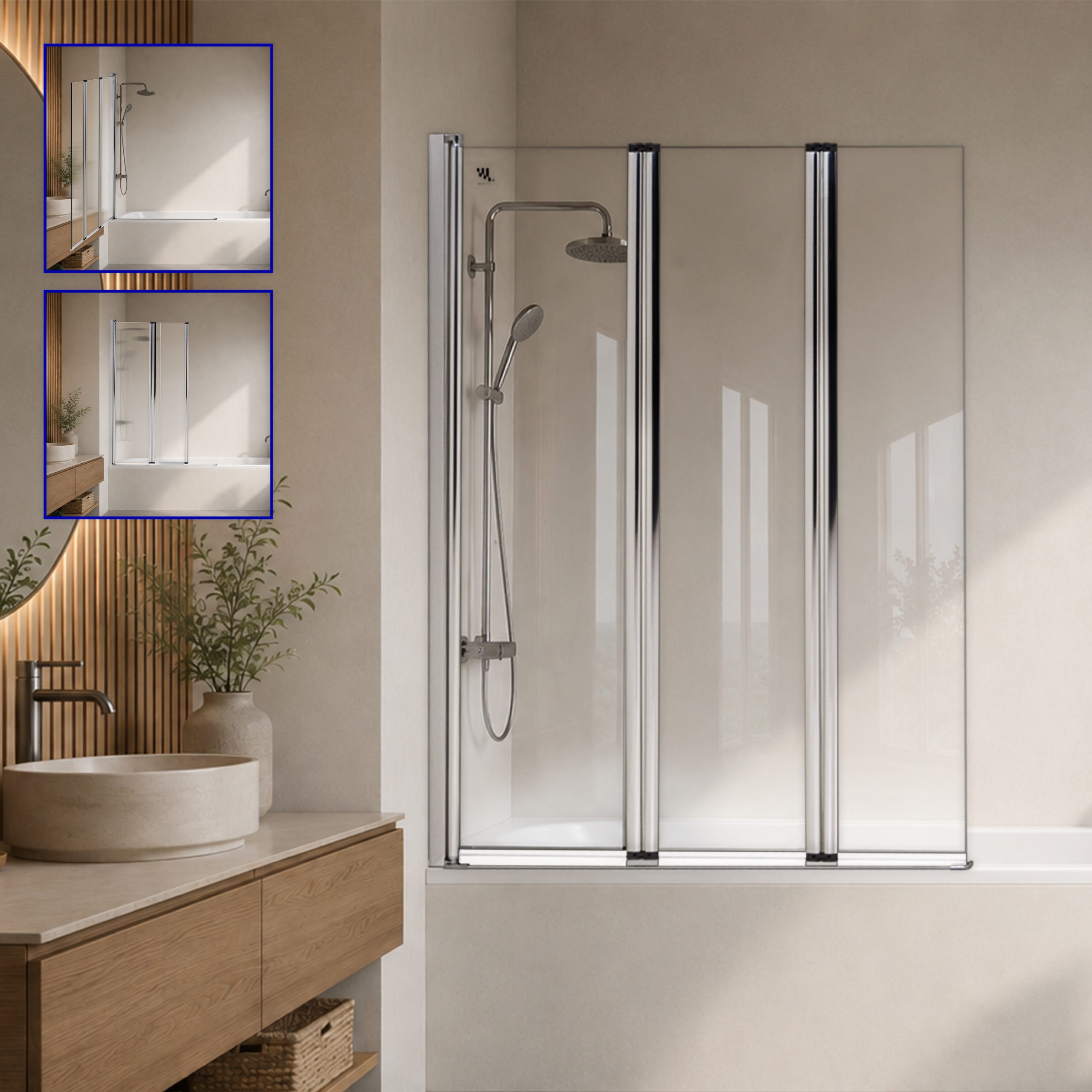 Badewannenabtrennung Petra, 3-teilig faltbar und pendelbar mit 6 mm ESG Klarglas und verchromten Profilen