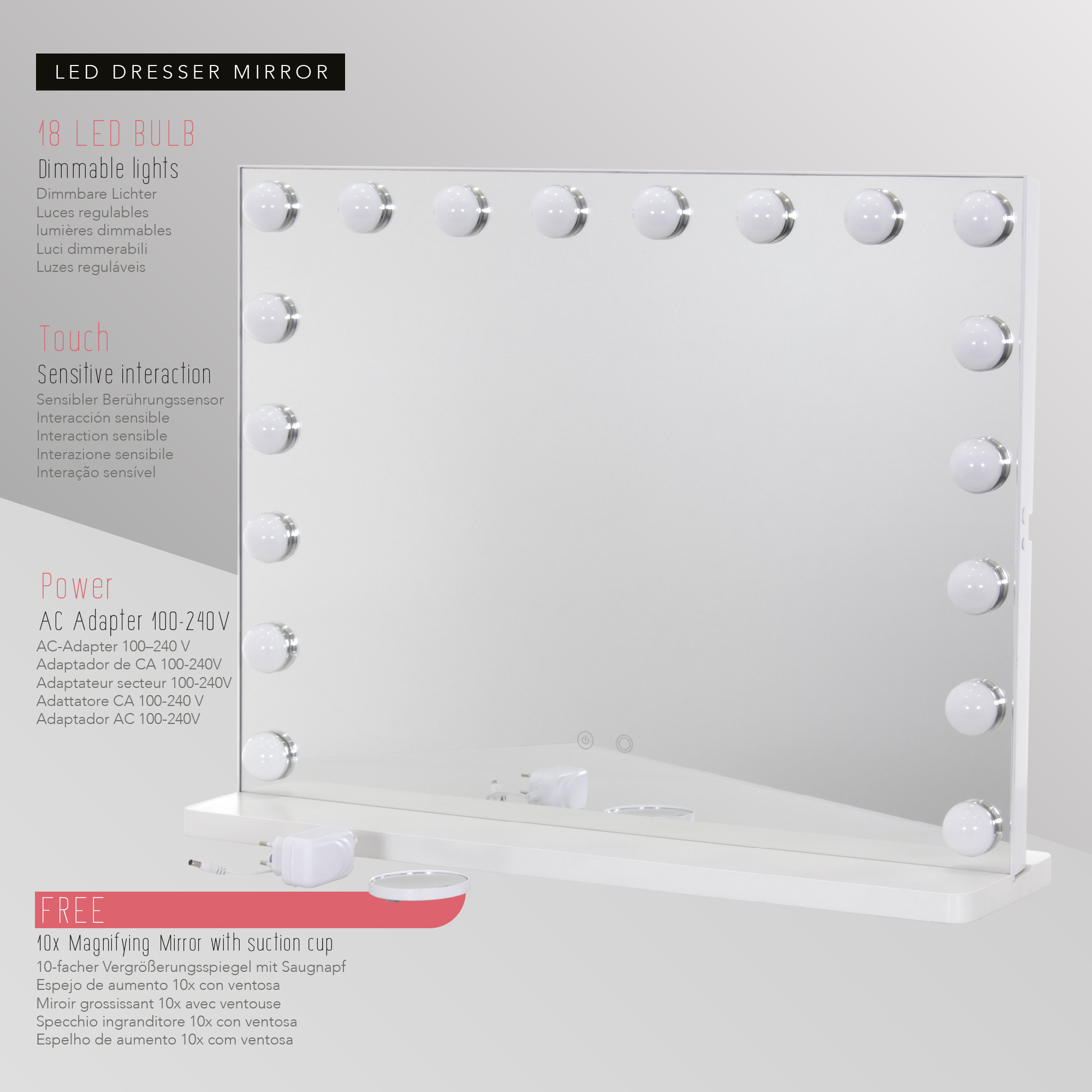Schminkspiegel Bulb FRAME mit 18 dimmbaren LED-Lampen Weiß Schminkspiegel Bulb FRAME mit 18 dimmbaren LED-Lampen Weiß