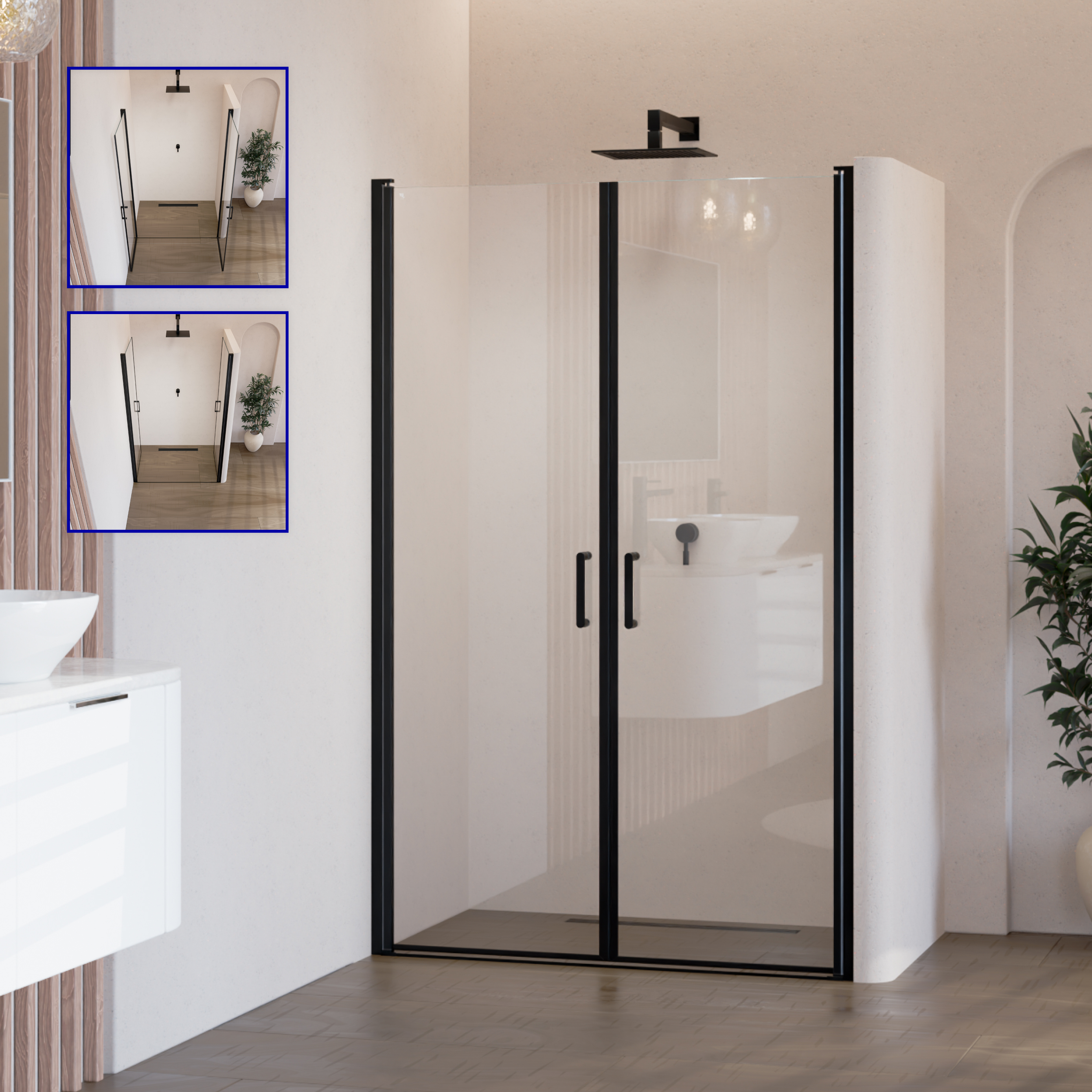 Shower Door Stella with Hinged Doors Made of Tempered Safety Glass Stella – Shower Door Black with Hinged Doors and Black Profiles Made of ESG Safety Glass