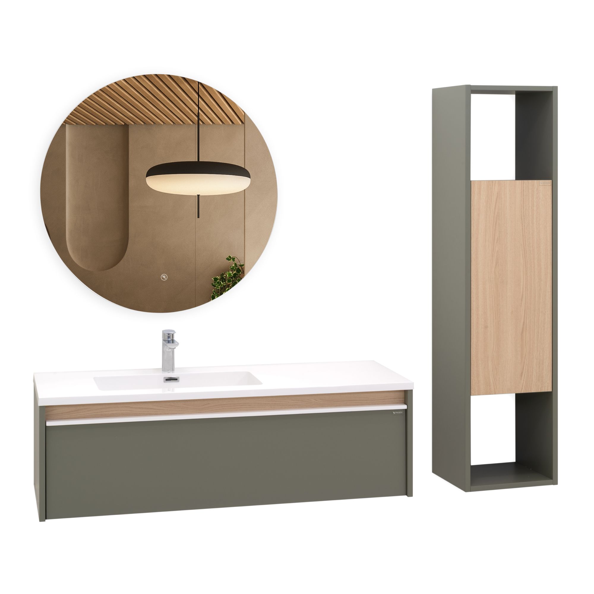 Badezimmermöbel Nereia – 100 cm Unterschrank Eiche hell + LED-Rundspiegel Eiche – Badezimmermöbel Nereia – 100 cm Unterschrank hell + LED-Rundspiegel