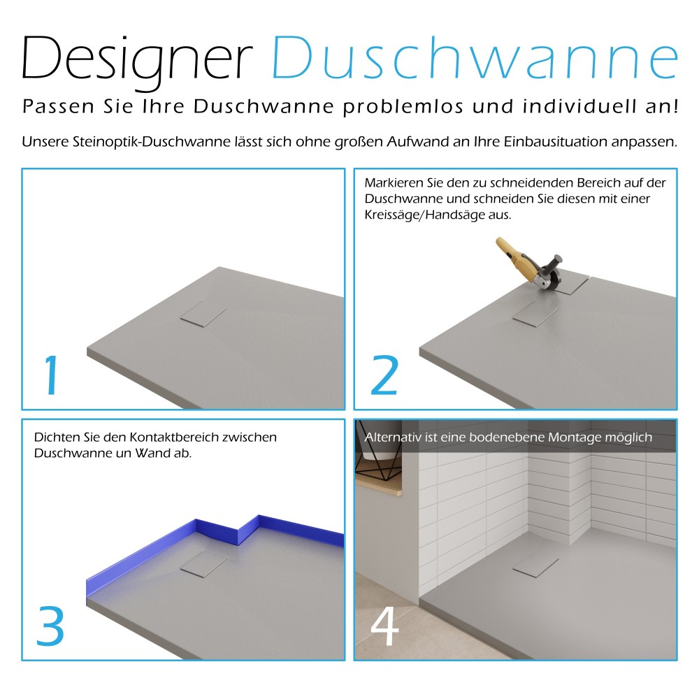 SMC Duschwanne Boreal in Stein-Optik inkl. Ablaufgarnitur - Grau 70x120 cm