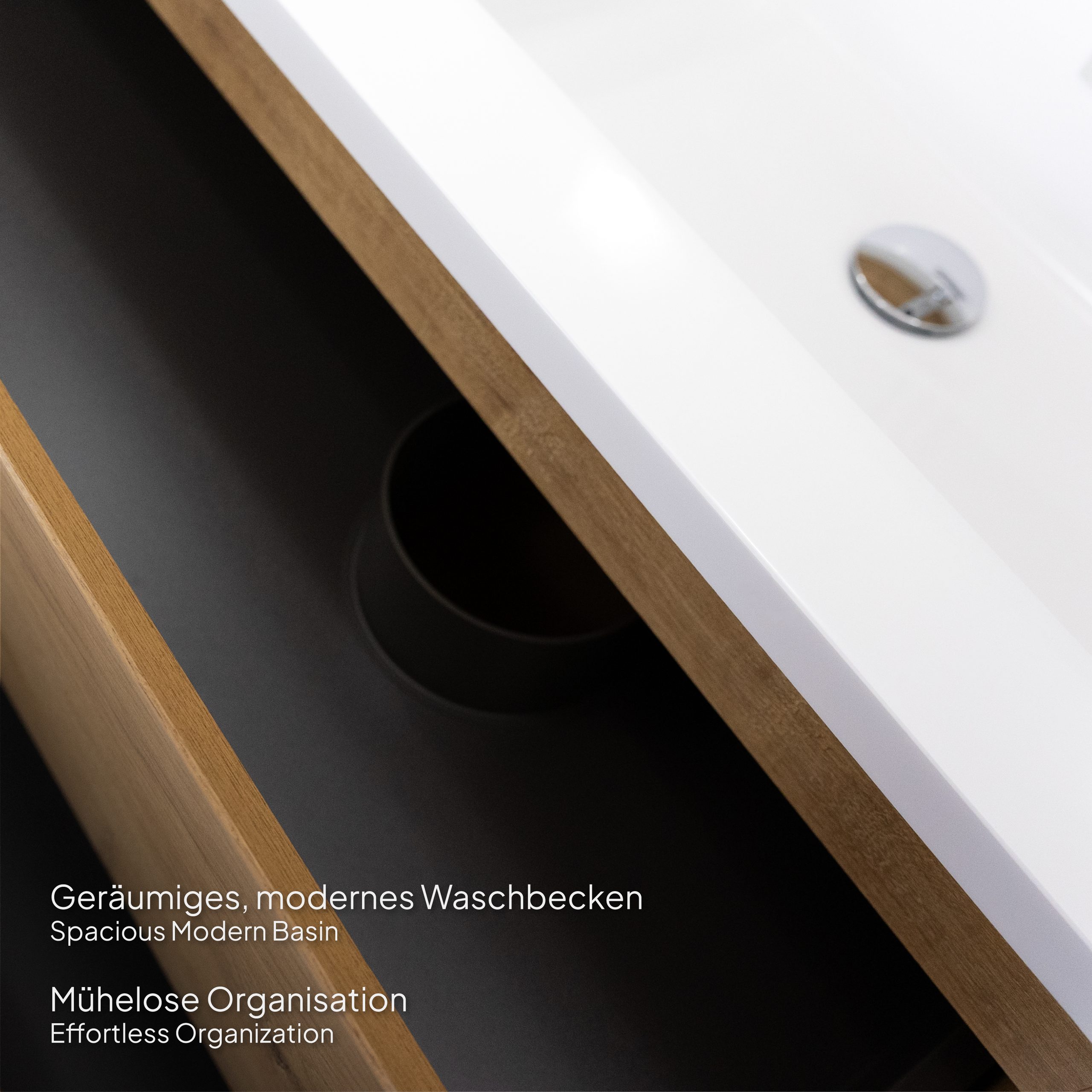 Badmöbel-Set Atena [60/80/100 cm] mit Mineralharz-Waschbecken in Hochglanz Weiß, Unterschrank mit Spiegel und hängendem Hochschrank in Eiche