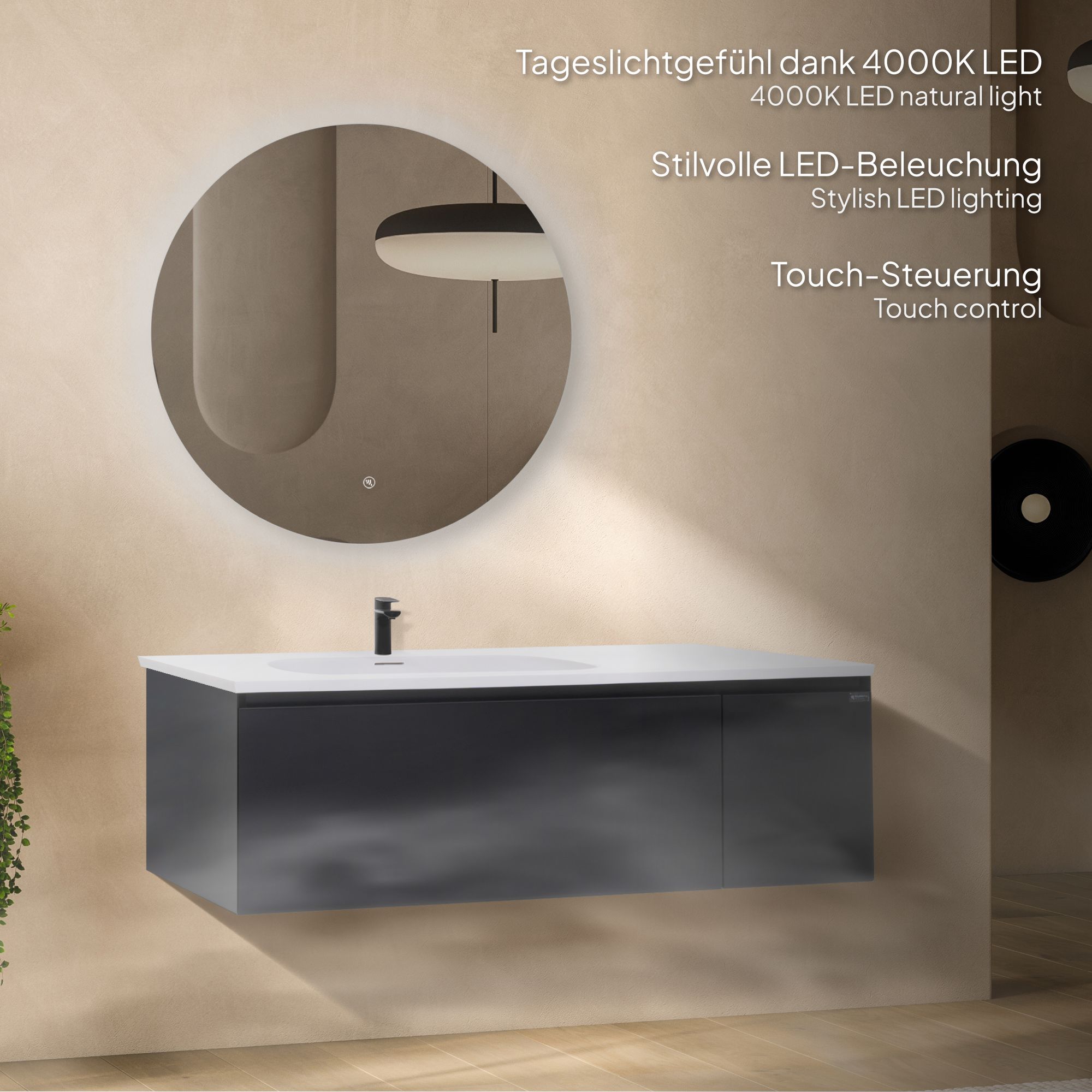 adezimmermöbel Dafne – 120 cm Schwarz Matt, Softclose & runder LED-Spiegel adezimmermöbel Dafne – 120 cm Schwarz Matt, Softclose & runder LED-Spiegel