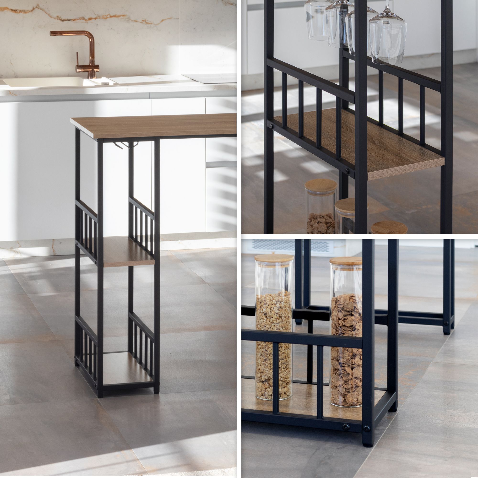 i-flair Stehtisch Bartisch Gavin – Stehtisch mit Stahlrahmen und 2 Ablageflächen & Glashalter Eiche Bar – i-flair Standing Table Table Gavin – Standing Table with Steel Frame and 2 Shelves & Glass Holder in Oak