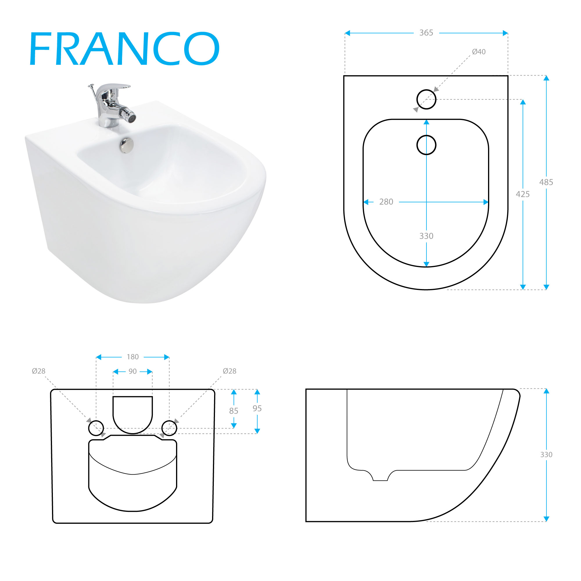 Wand Hänge Bidet Weiß inkl. Armatur (Mischbatterie) FRANCO Wand Hänge Bidet Weiß inkl. Armatur (Mischbatterie) FRANCO