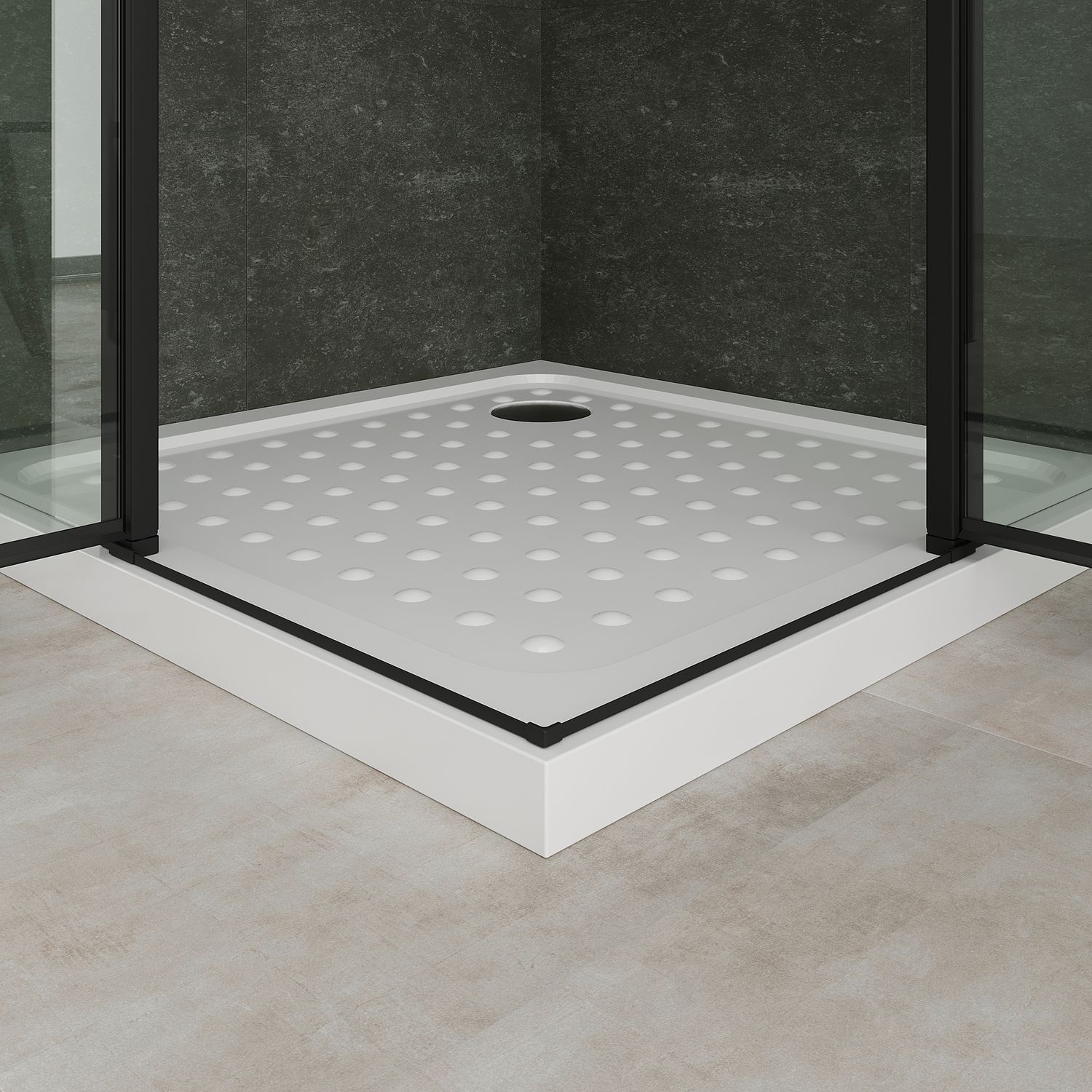 Eckeinstieg Linda mit Klapptüren und schwarzen Profilen aus ESG Sicherheitsglas Eckeinstieg Linda mit Klapptüren und schwarzen Profilen aus ESG Sicherheitsglas