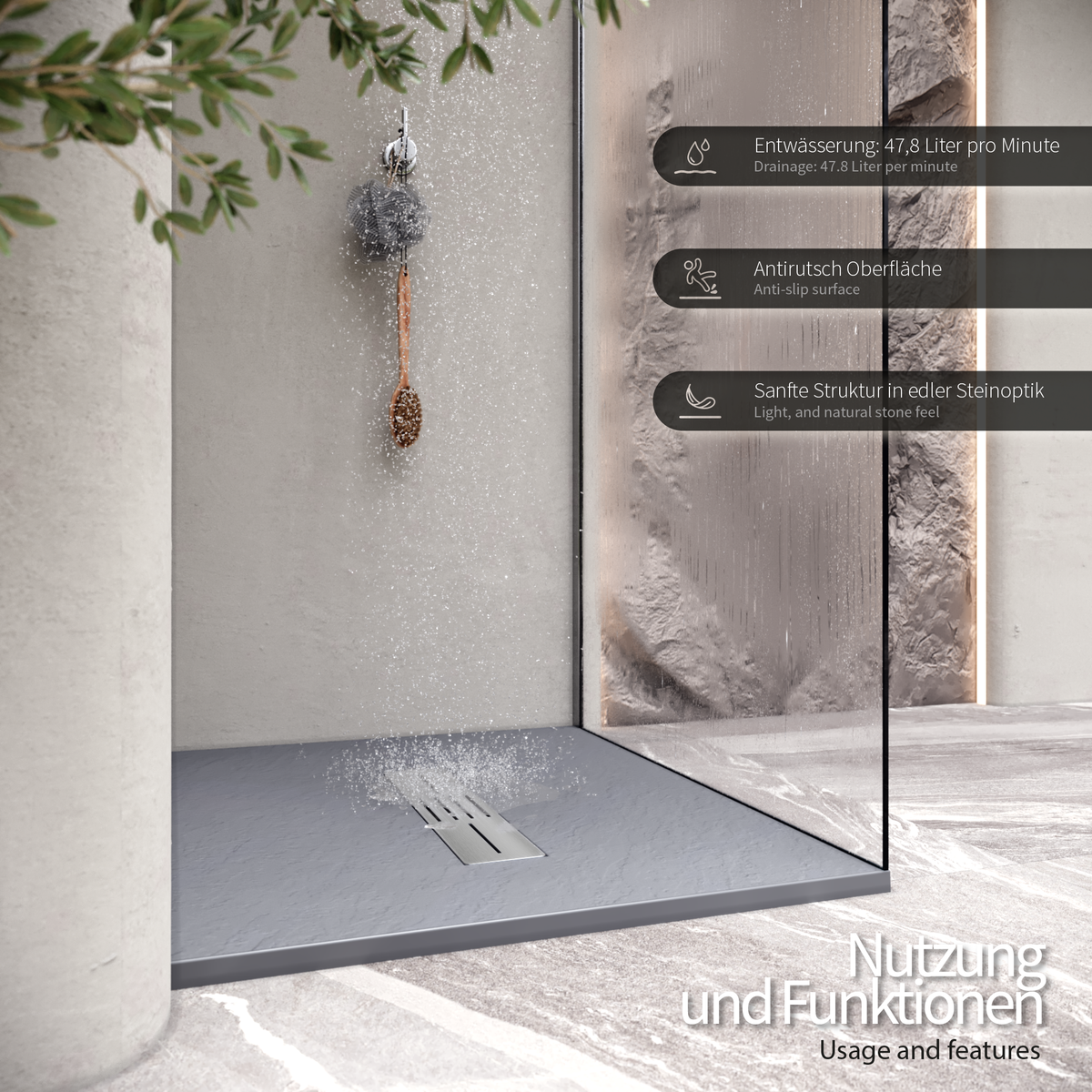 SMC Duschwanne Lumia in Schieferoptik inkl. Ablaufgarnitur Grau SMC Duschwanne Lumia in Schieferoptik inkl. Ablaufgarnitur Grau 90x180 cm