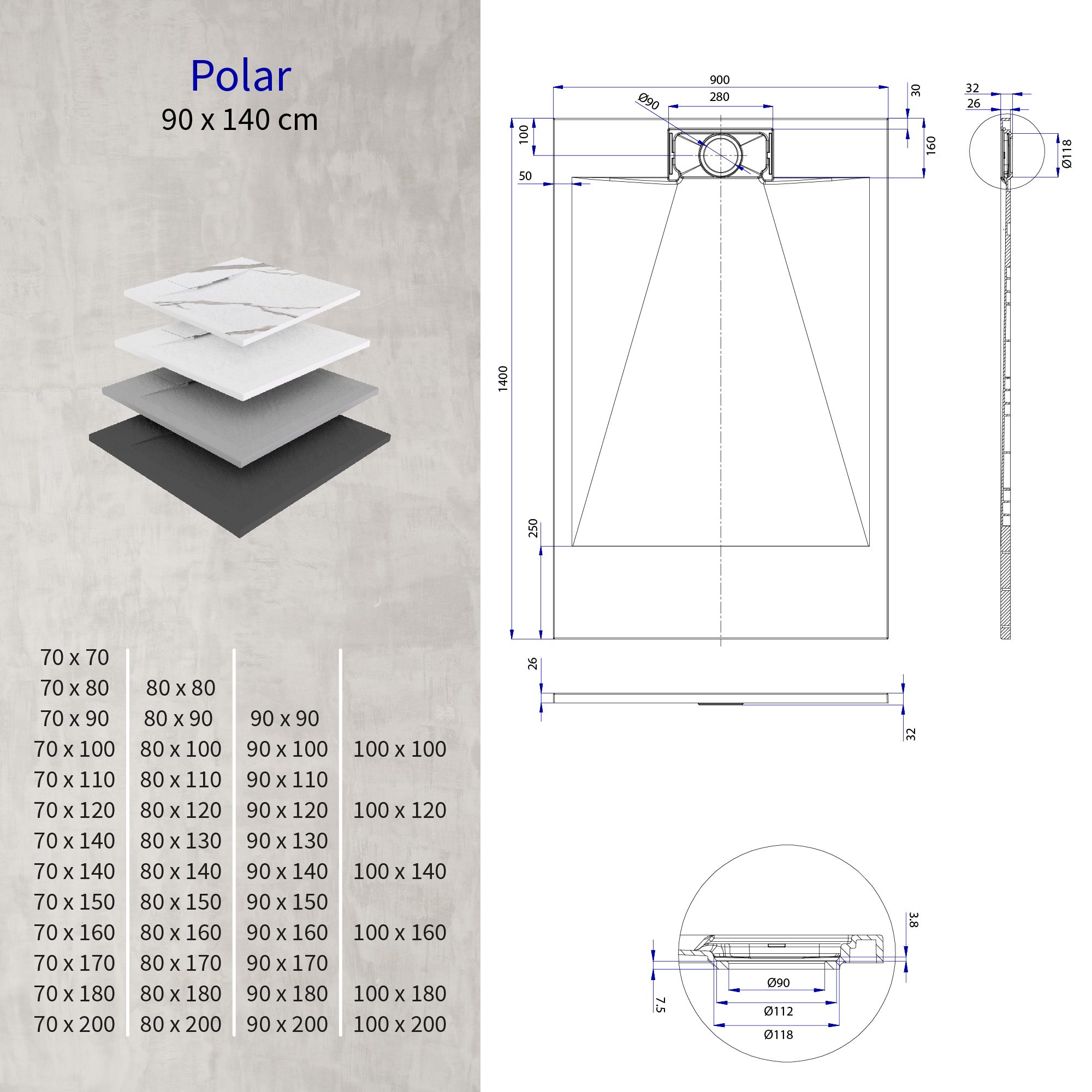 SMC Duschwanne Polar in Stein-Optik inkl. Ablaufgarnitur - Weiß