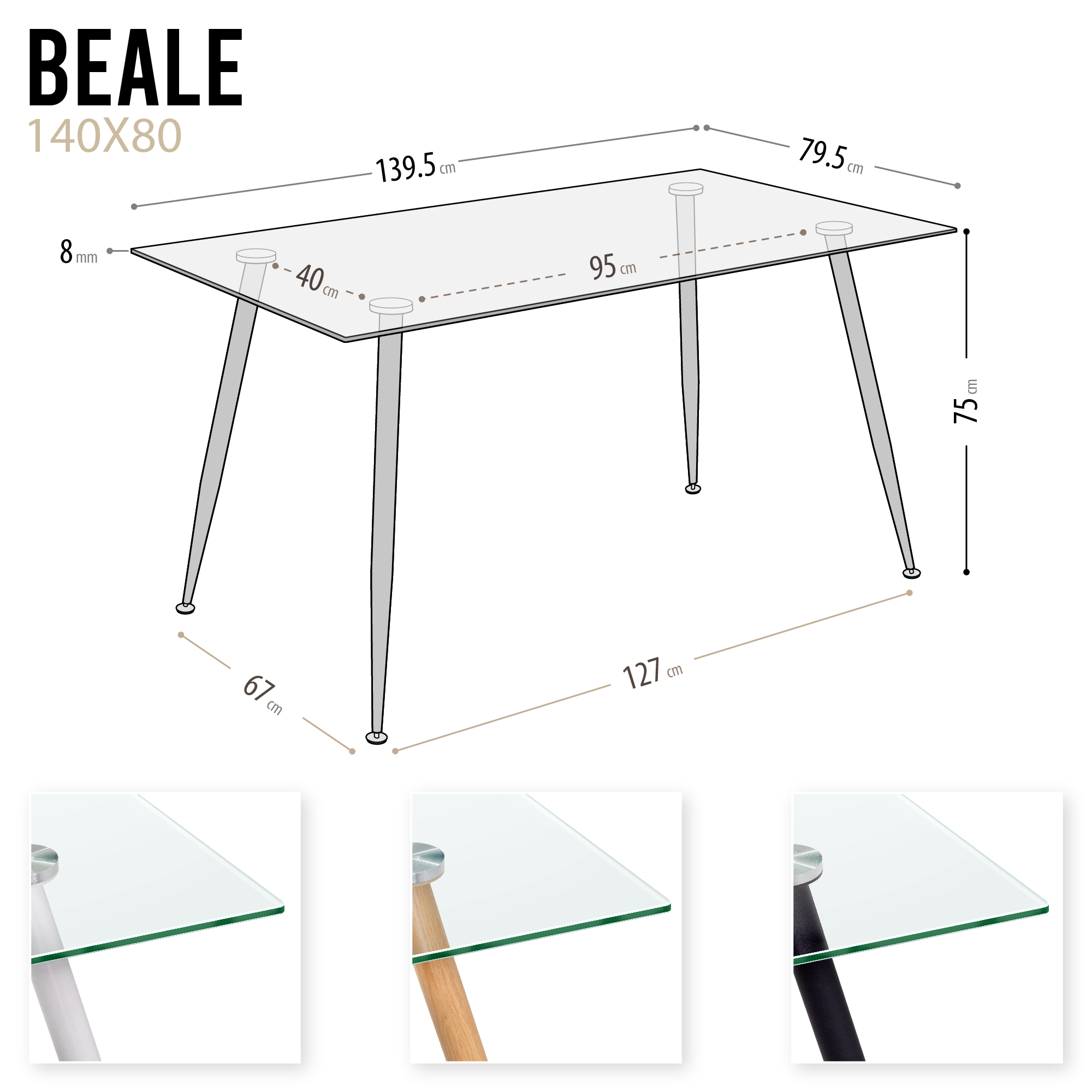 Esszimmer-Tisch BEALE | Tischplatte: Transparentes Glas | Beine: Schwarz