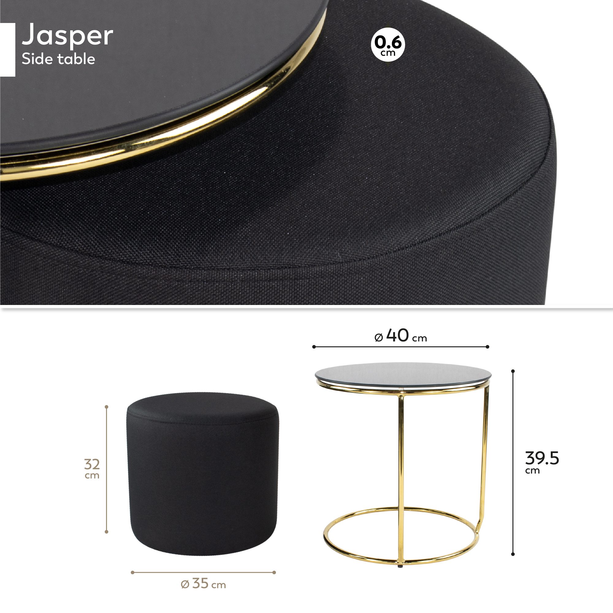 Side Table with Stool JASPER - Round Coffee Table 40x40 cm Gold-Black N3
