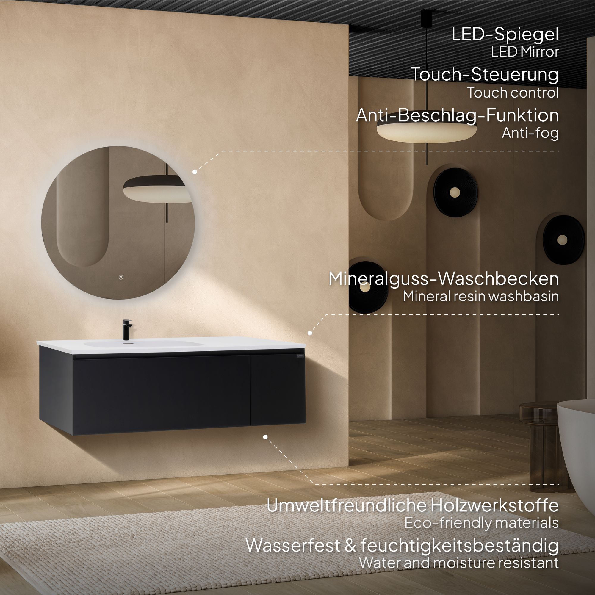 adezimmermöbel Dafne – 120 cm Schwarz Matt, Softclose & runder LED-Spiegel