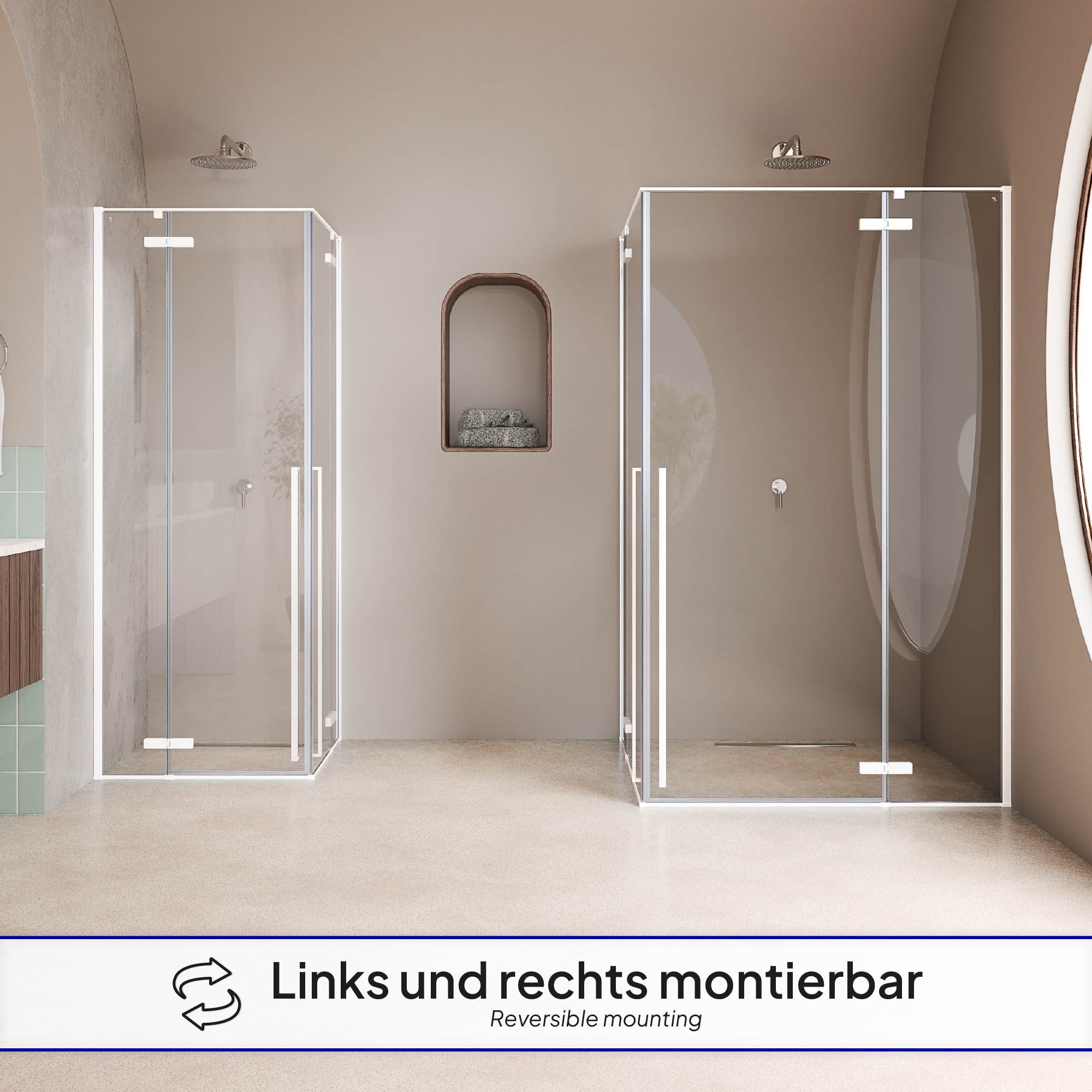 Duschkabine Eckeinstieg Jayla mit Drehtüren und weißen Profilen aus 6mm ESG Sicherheitsglas
