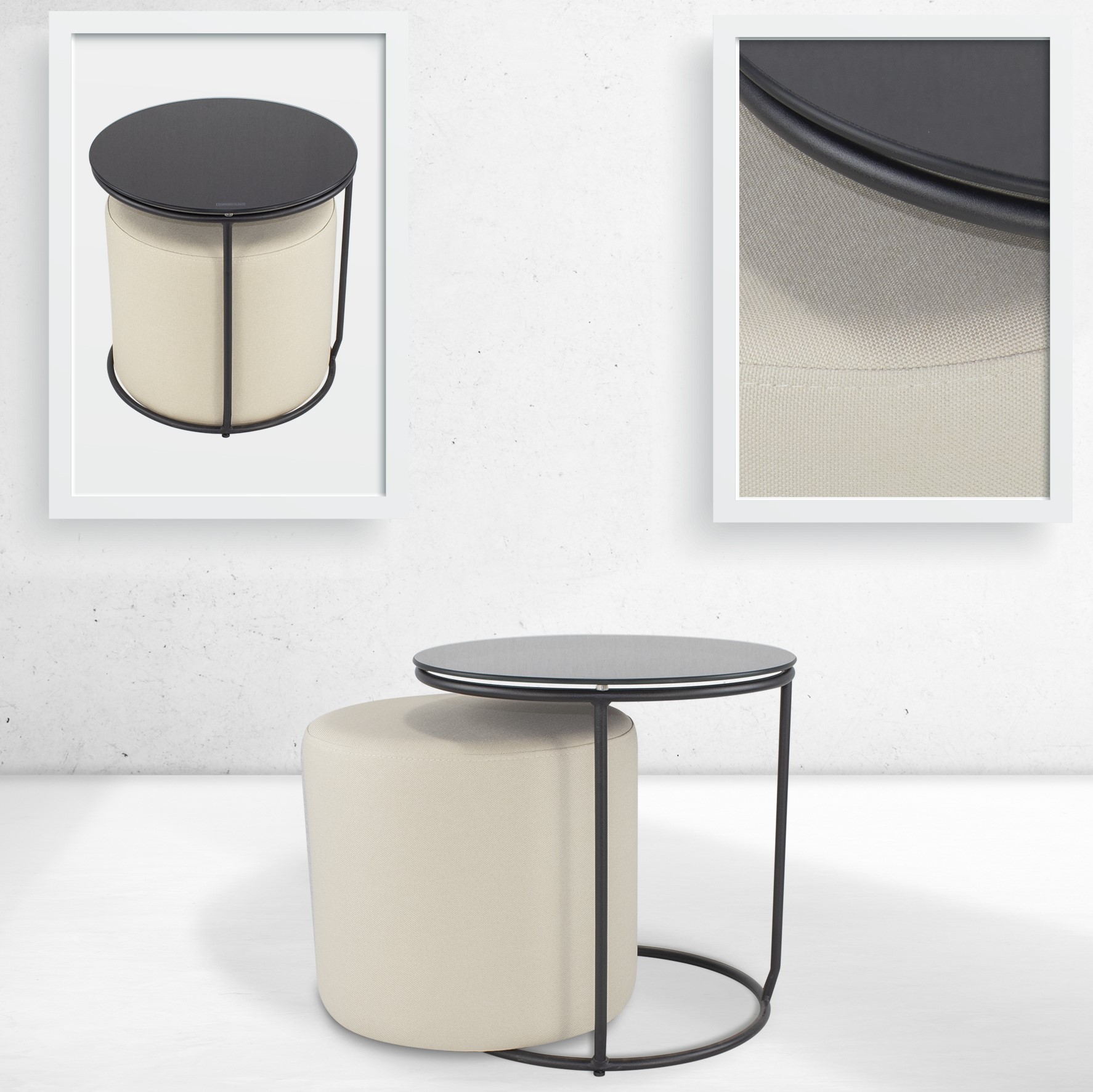 Beistelltisch mit Hocker JASPER runder Couchtisch 40x40 cm Schwarz-Beige N1 JASPER – Side Table with Stool - Round Coffee Table 40x40 cm Black-Beige N1