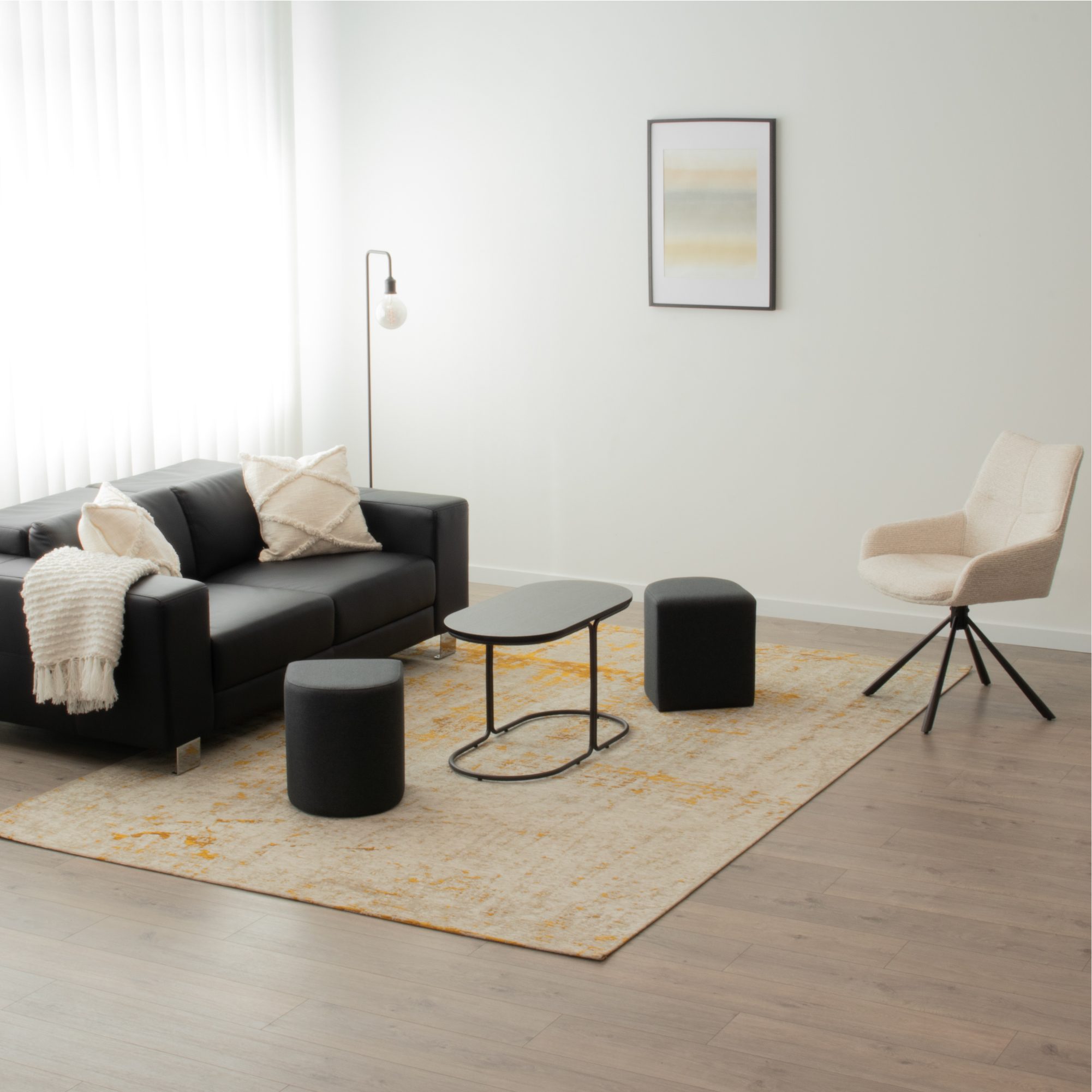 Couchtisch DUNCAN mit 2 Sitzmodulen | Tischplatte in schwarzer Holzoptik und Metallgestell