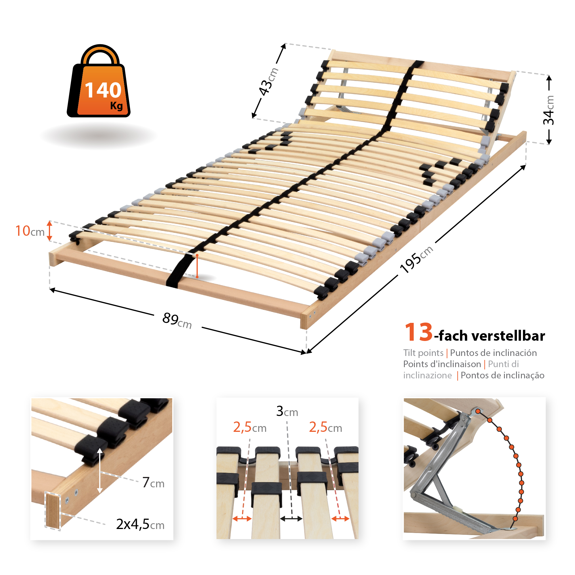 Luna Slatted Frame with 7 Zones, Adjustable Headrest, and Firmness - 90x200 cm