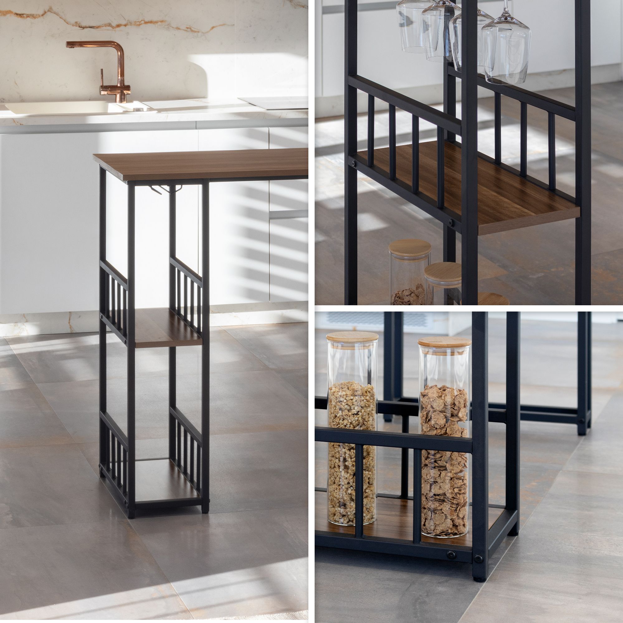 i-flair Stehtisch Bartisch Gavin – Stehtisch mit Stahlrahmen und 2 Ablageflächen & Glashalter Walnuß Bar – i-flair Standing Table Table Gavin – Standing Table with Steel Frame and 2 Shelves & Glass Holder in Walnut Finish