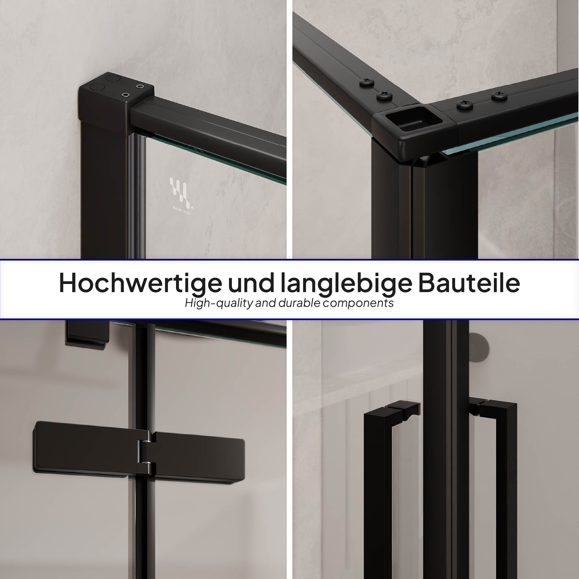 Duschkabine Eckeinstieg Jayla mit Drehtüren und schwarzen Profilen aus 6mm ESG Sicherheitsglas