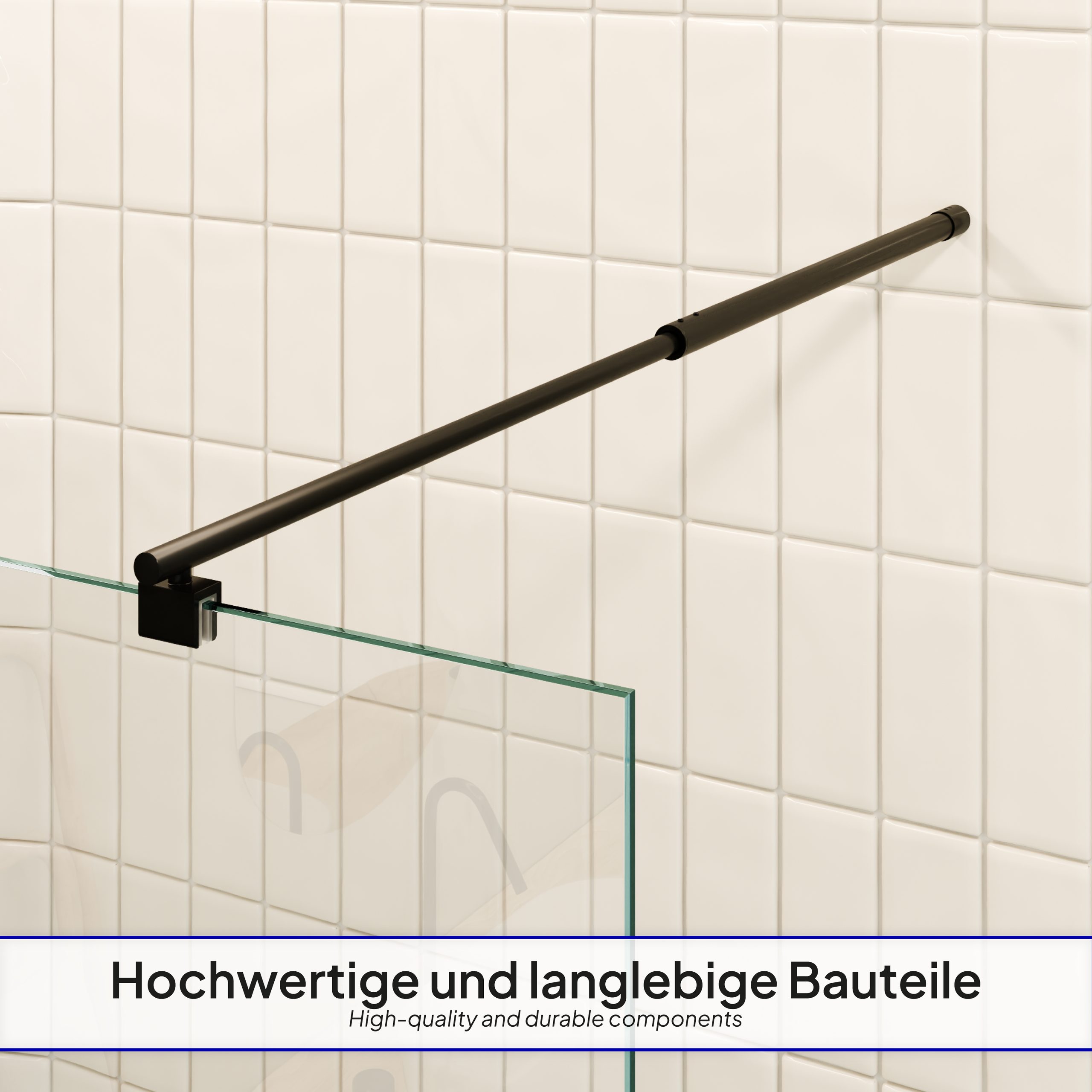 Walk-In Shower Fiona made of 10 mm thick ESG safety glass and black aluminum profile.