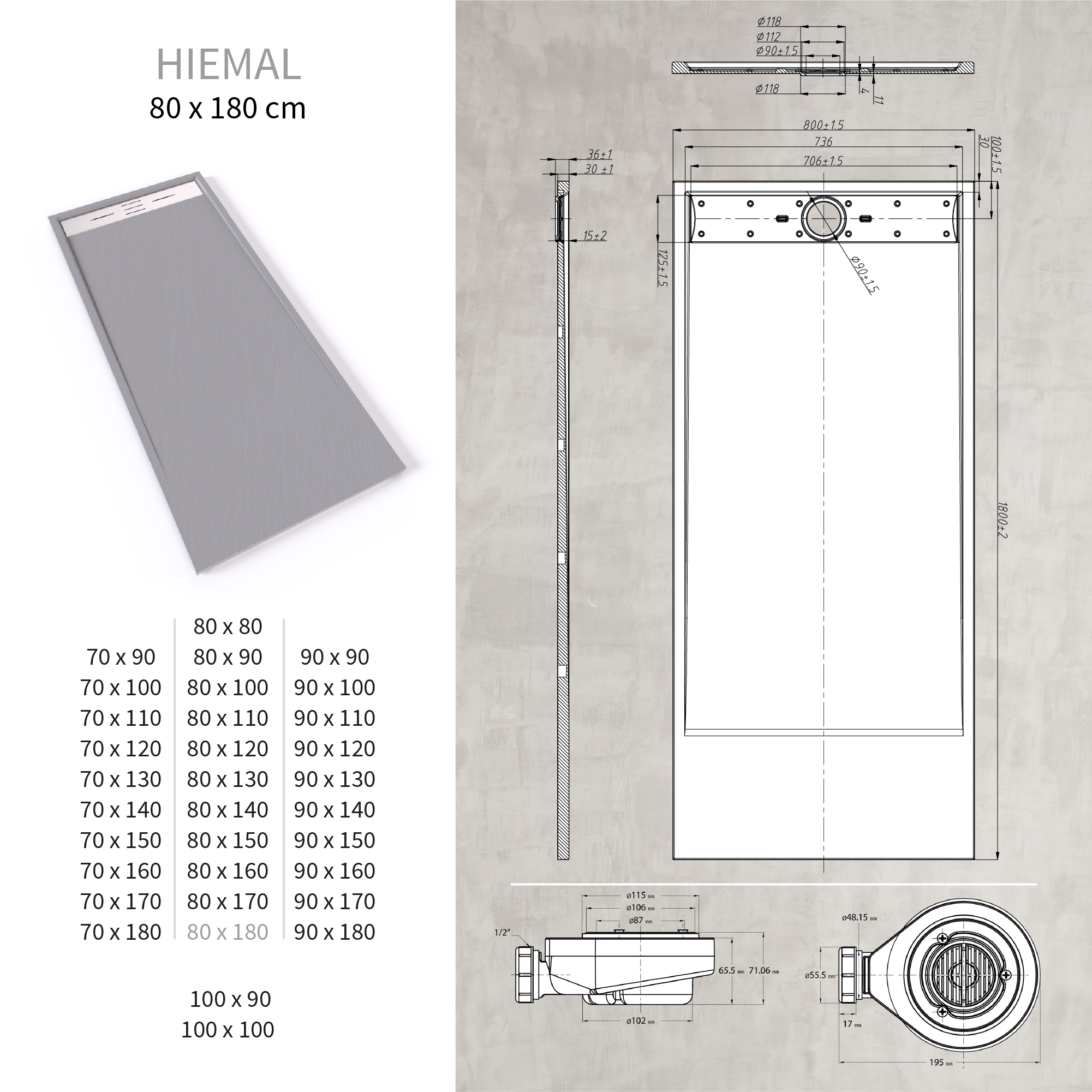 SMC Duschwanne Hiemal in Schieferoptik inkl. Ablaufgarnitur Grau mit Edelstahldeckel 80x180 cm SMC Duschwanne Hiemal in Schieferoptik inkl. Ablaufgarnitur Grau mit Edelstahldeckel 80x180 cm