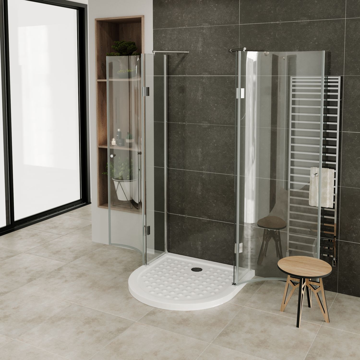 Halbkreisdusche Andrea mit Klapptüren aus ESG Sicherheitsglas Andrea – Halbkreisdusche mit Klapptüren aus ESG Sicherheitsglas