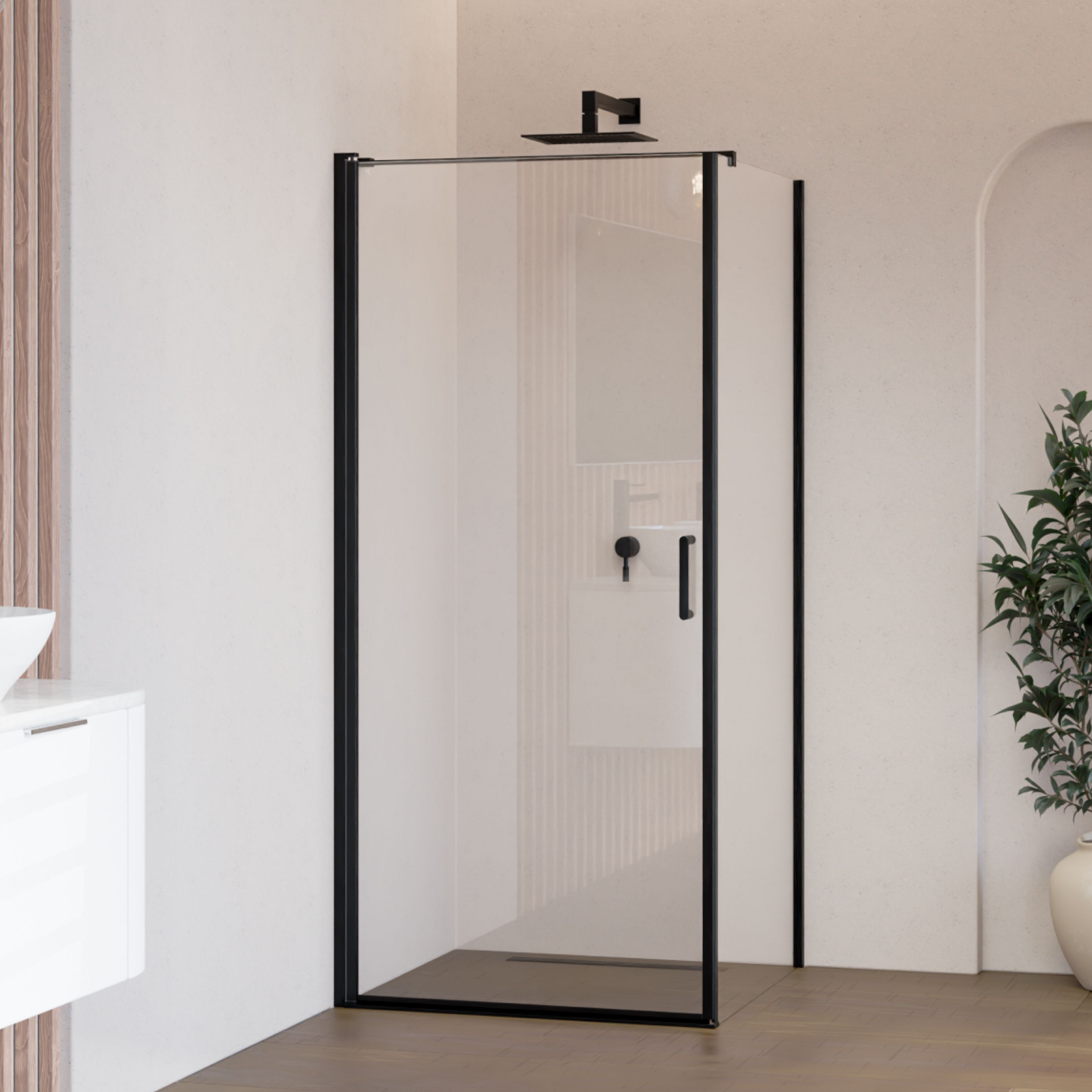 Front-entry Hellen with folding door and black profiles made of ESG safety glass. Front-entry Hellen with folding door and black profiles made of ESG safety glass.