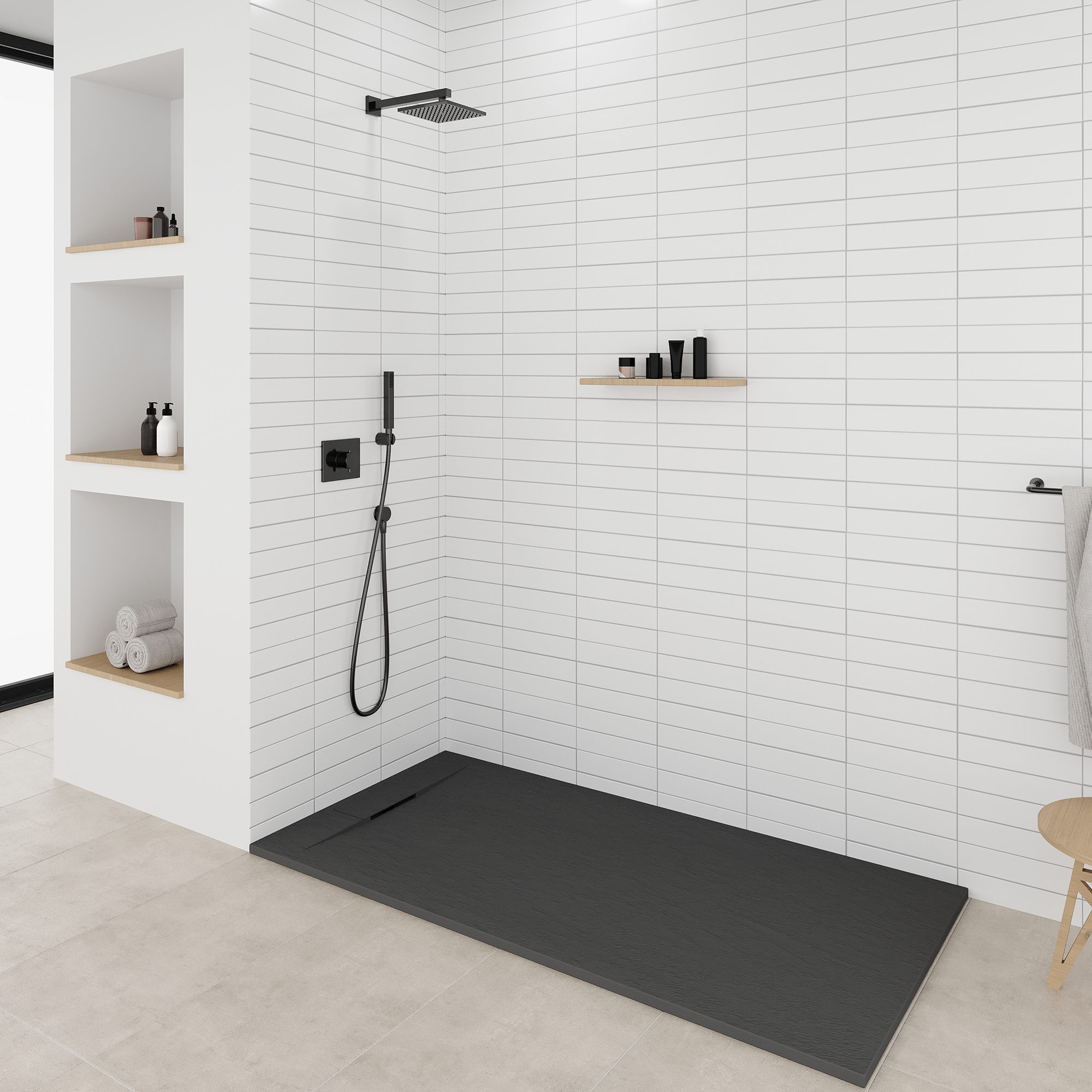 SMC Shower Tray Polar in Stone Look with Drain Assembly - Black