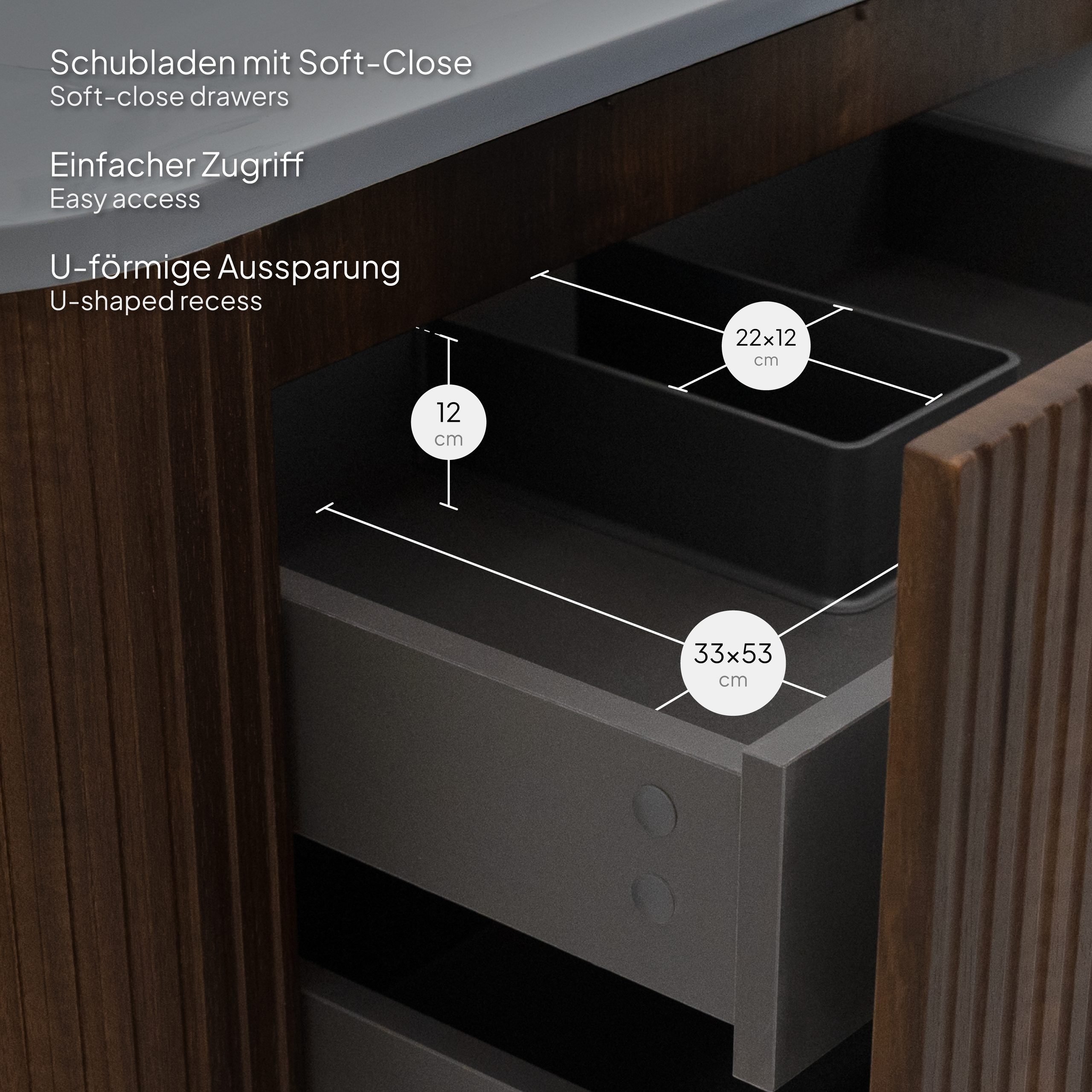 Badmöbel-Set Maia Nußbaum, wandhängend, mit Steinplatte und Waschtisch aus Mineralguss sowie LED-Spiegel mit Antibeschlagfunktion, gerillte Textur Badmöbel-Set Maia Nußbaum, wandhängend, mit Steinplatte und Waschtisch aus Mineralguss sowie LED-Spiegel mit Antibeschlagfunktion, gerillte Textur