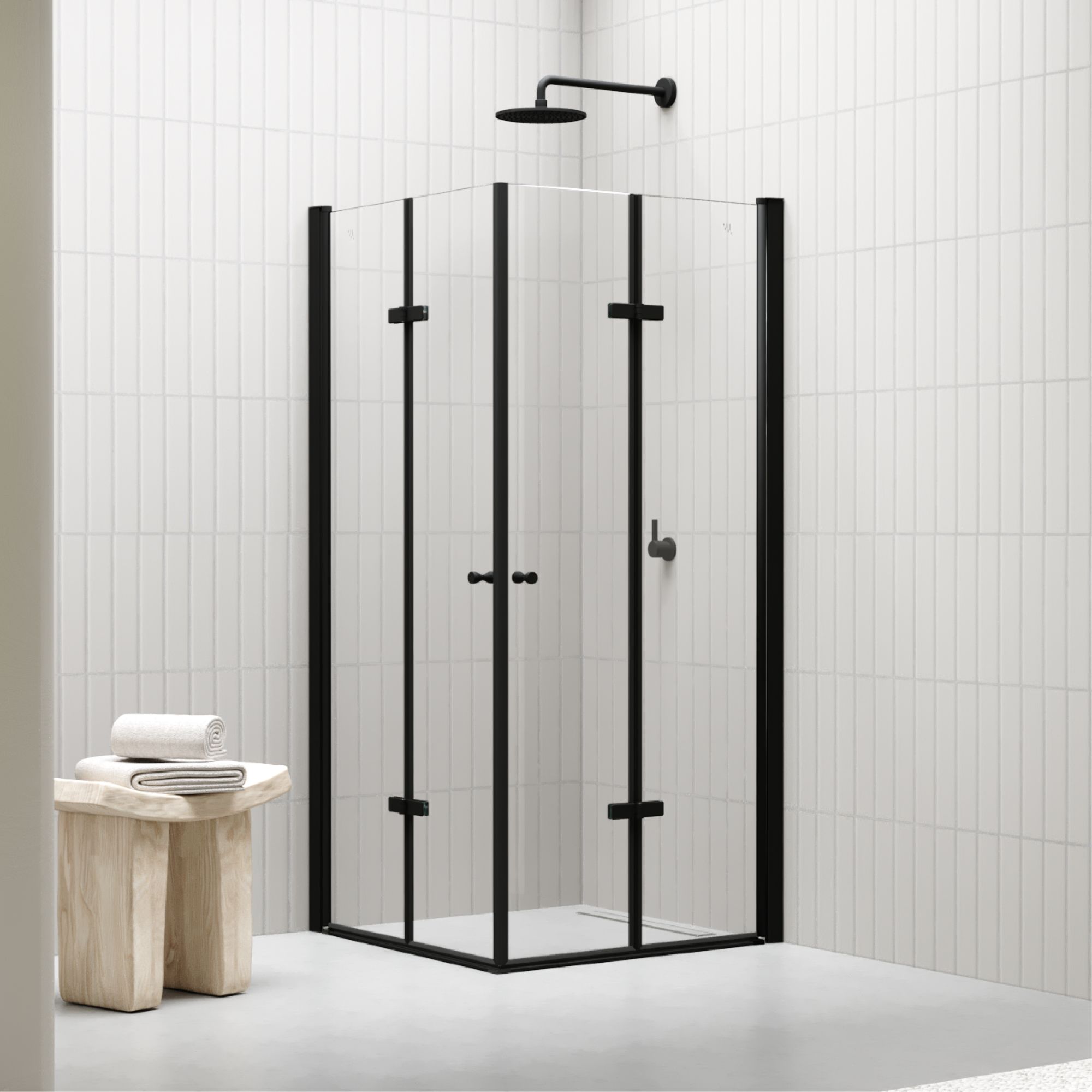 Eckeinstieg Emma BLACK mit Falttüren aus ESG Sicherheitsglas Emma – Corner Entry BLACK with Folding Doors made of ESG Safety Glass