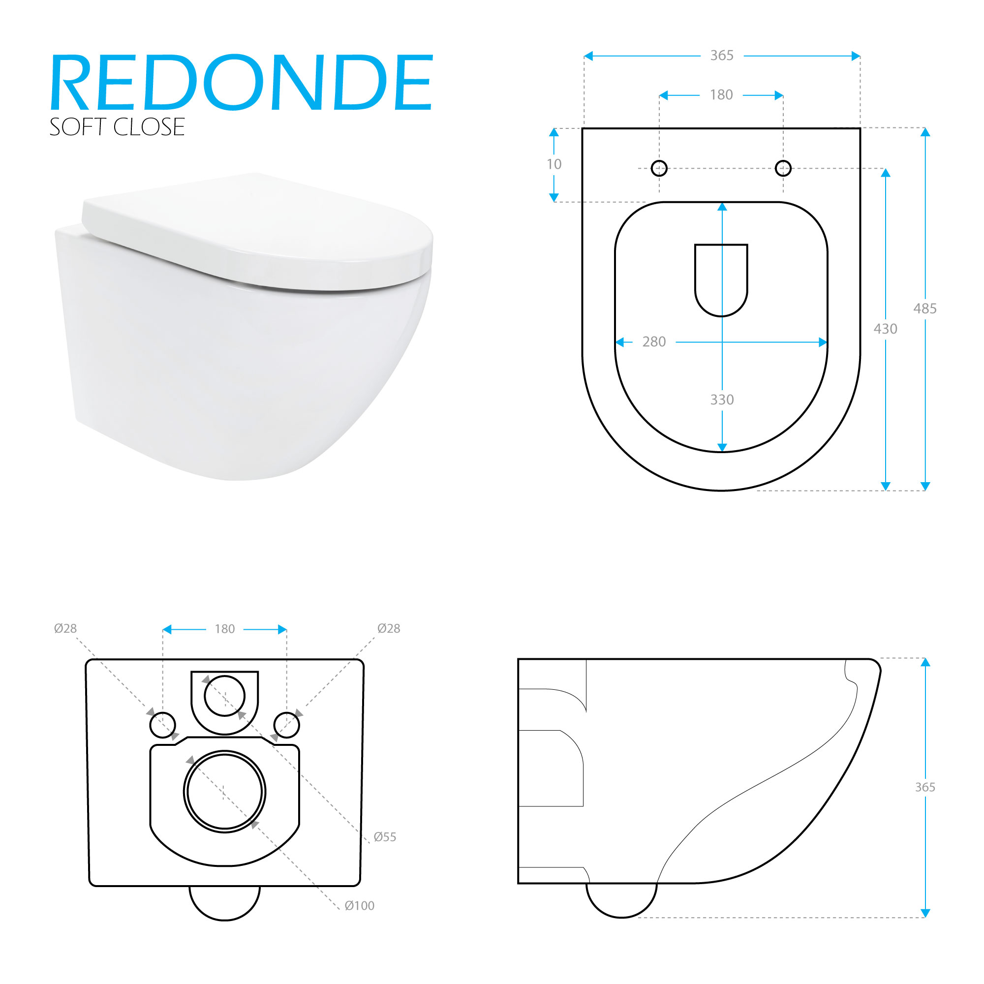Toilette Hänge WC Spülrandlos inkl. WC Sitz mit Absenkautomatik SOFTCLOSE + abnehmbar Redonde