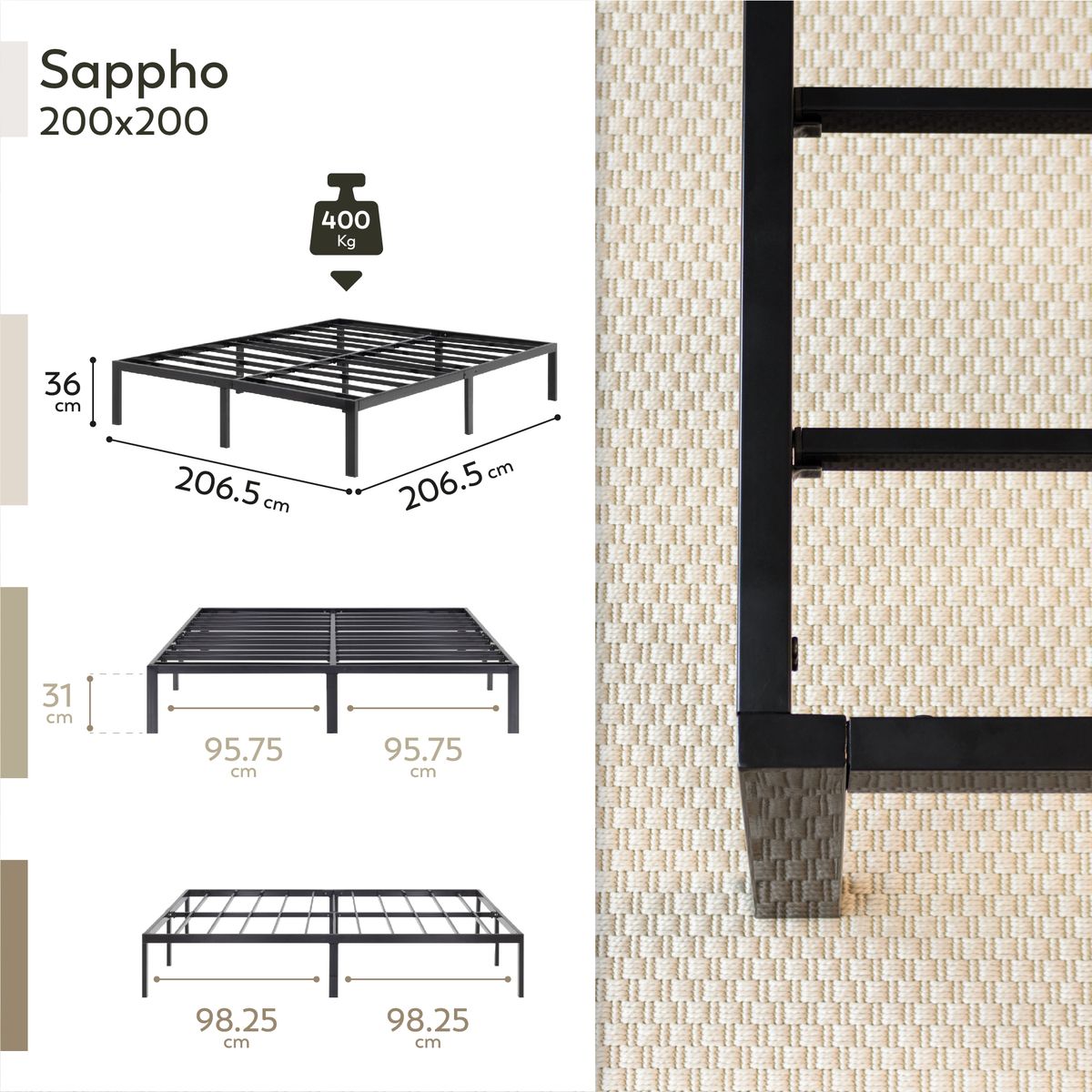 Guest Bed Metal Bed Frame Sappho Black with Storage