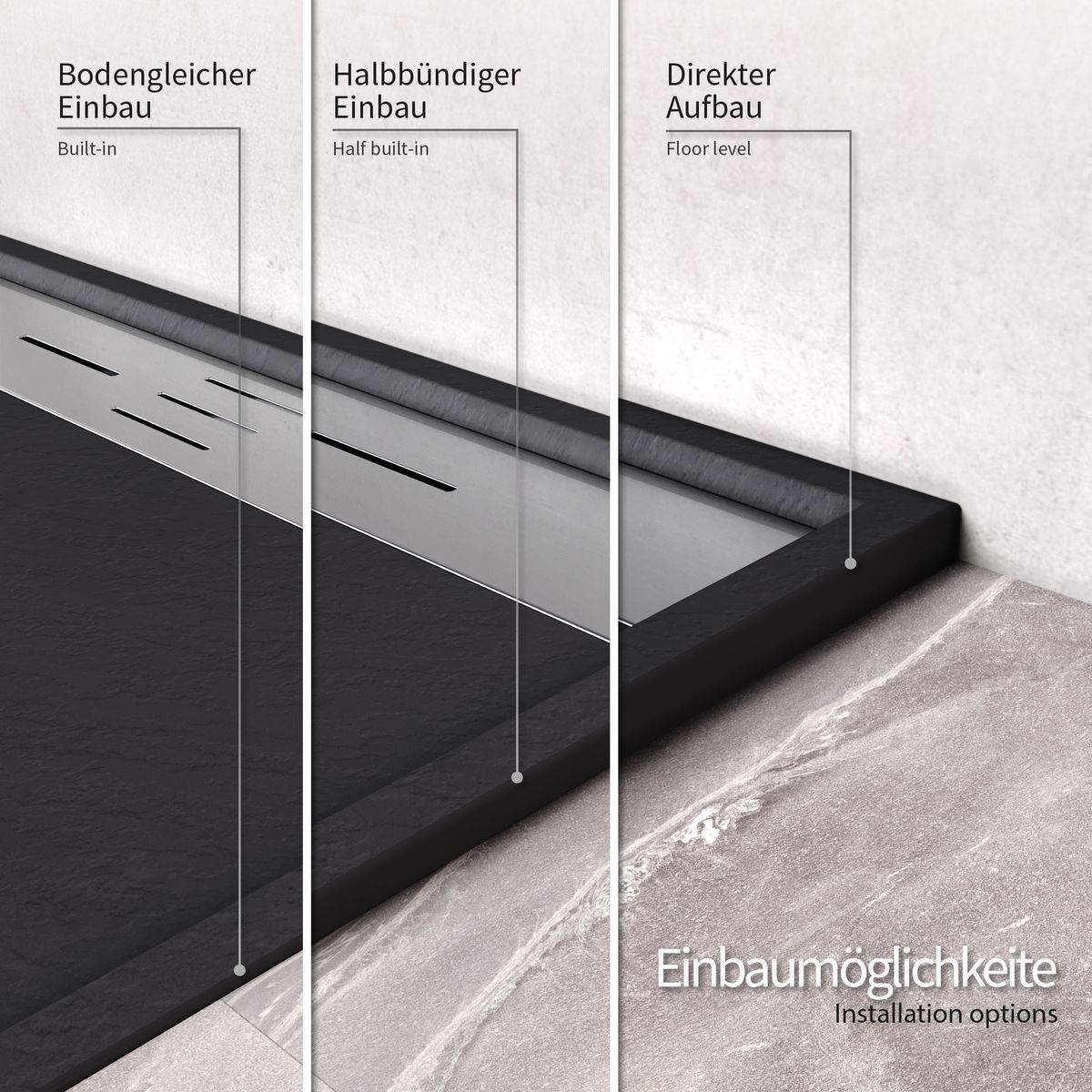 SMC Duschwanne Hiemal in Schieferoptik inkl. Ablaufgarnitur Schwarz mit Edelstahldeckel 90x90 cm