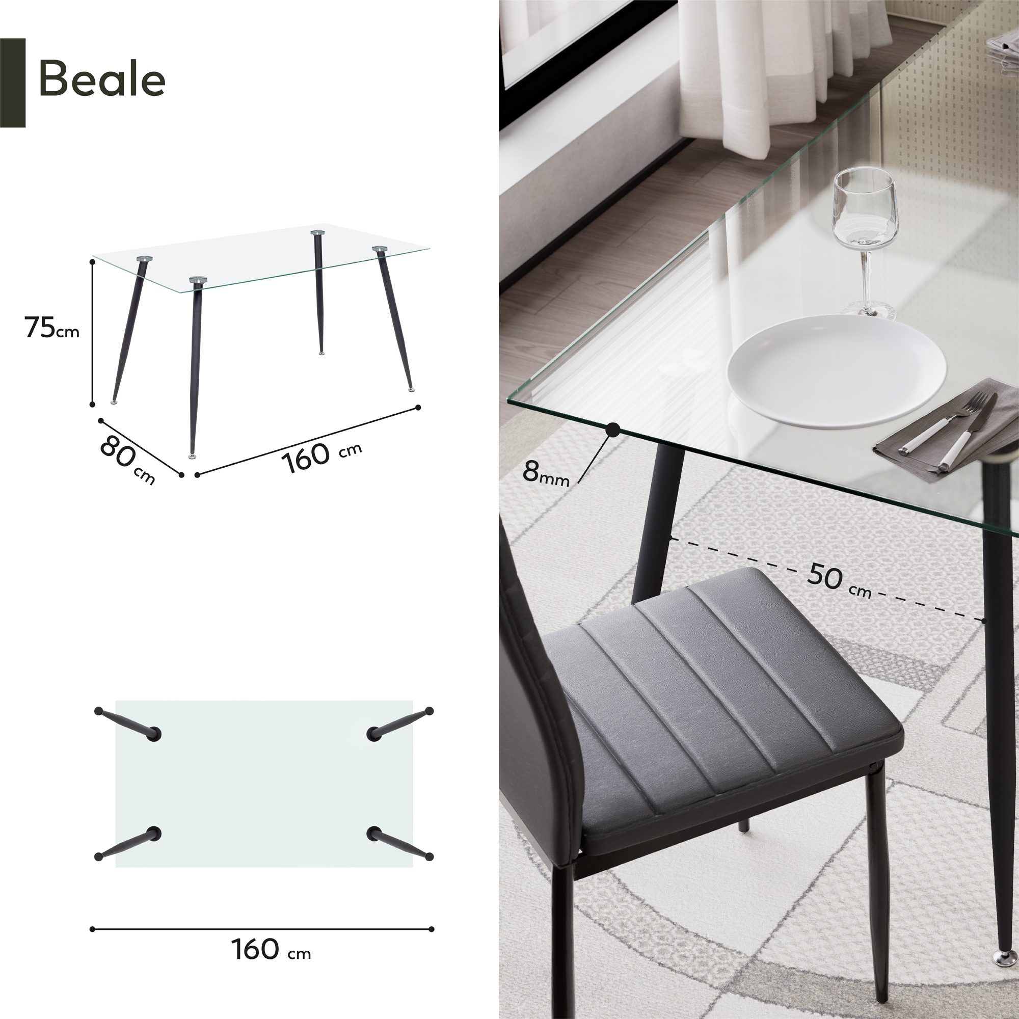Esszimmer-Tisch BEALE | Tischplatte: Transparentes Glas | Beine: Schwarz
