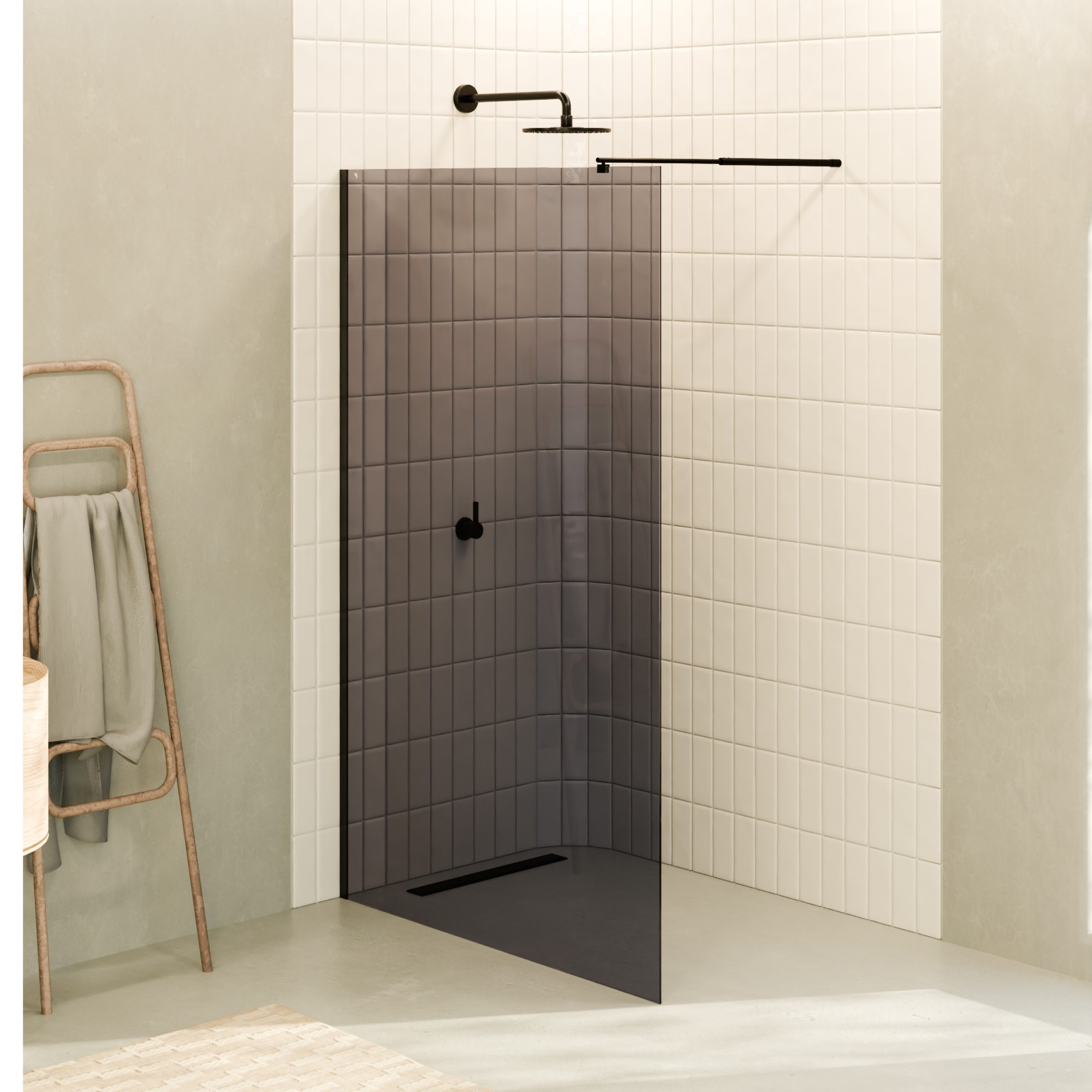 Walk-In Shower Fiona made of 10 mm thick gray ESG safety glass and black aluminum profile.