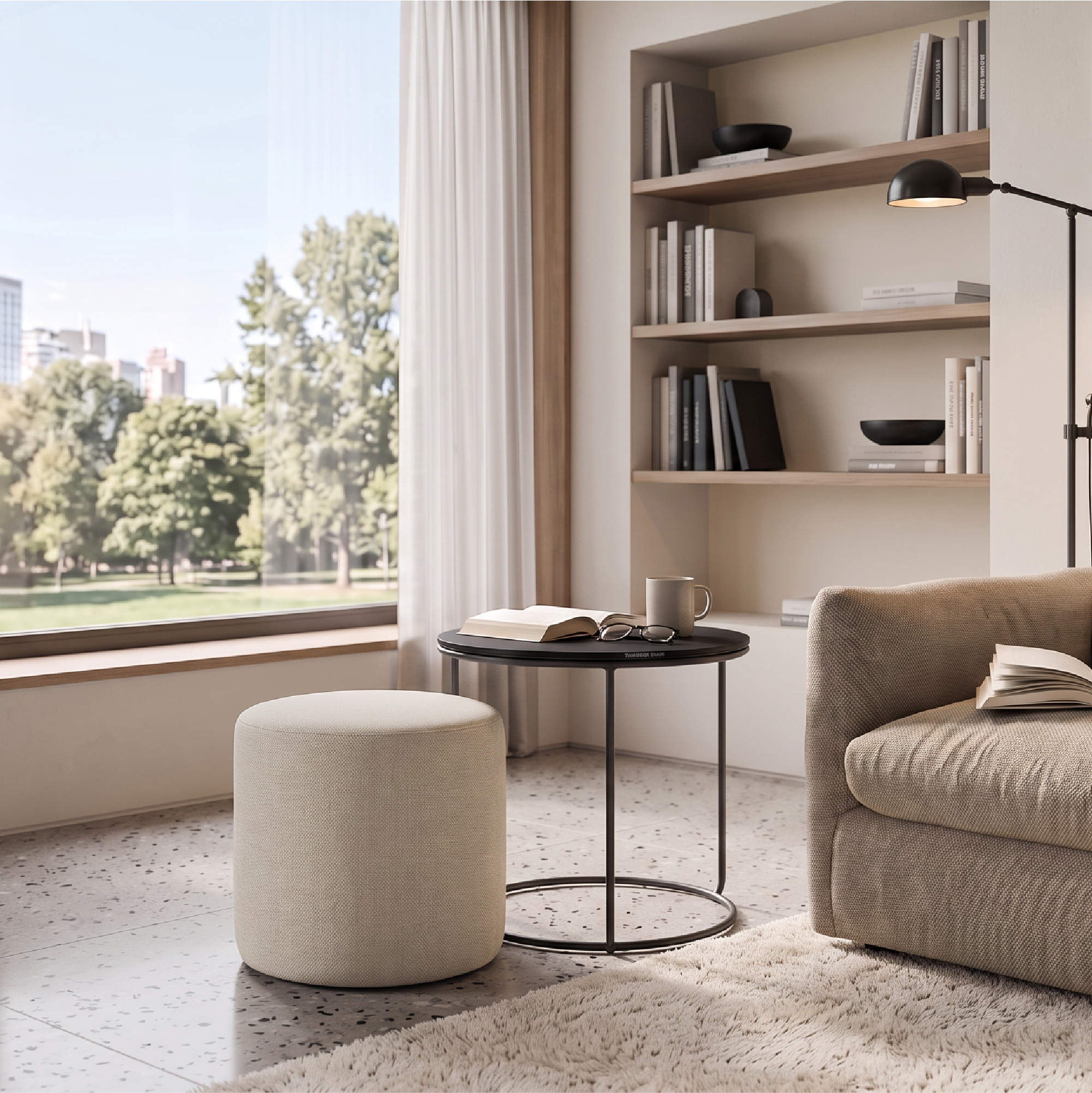 Side Table with Stool JASPER - Round Coffee Table 40x40 cm Black-Beige N1