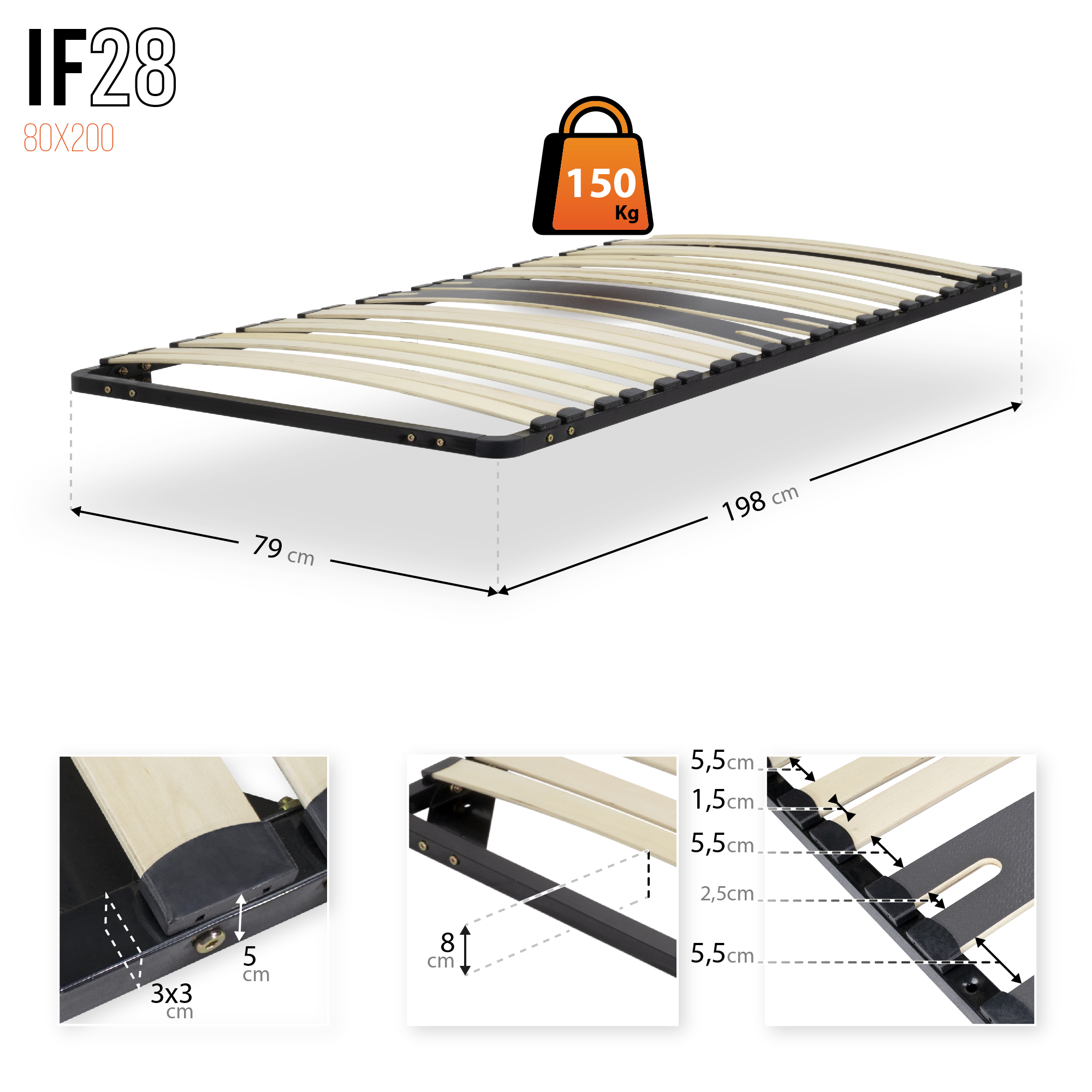IF28-80X200 ERGO IF28 Slatted Frame made of Sturdy Metal - Suitable for All Mattresses