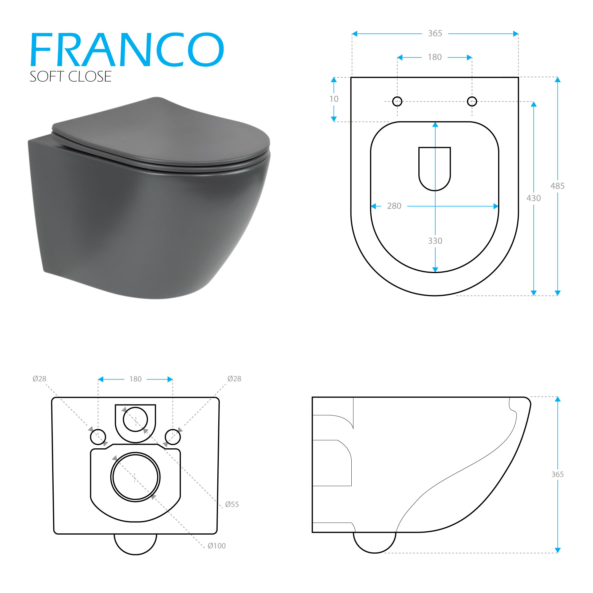 Toilette Hänge WC Spülrandlos inkl. WC Sitz mit Absenkautomatik SOFTCLOSE Franco Grau