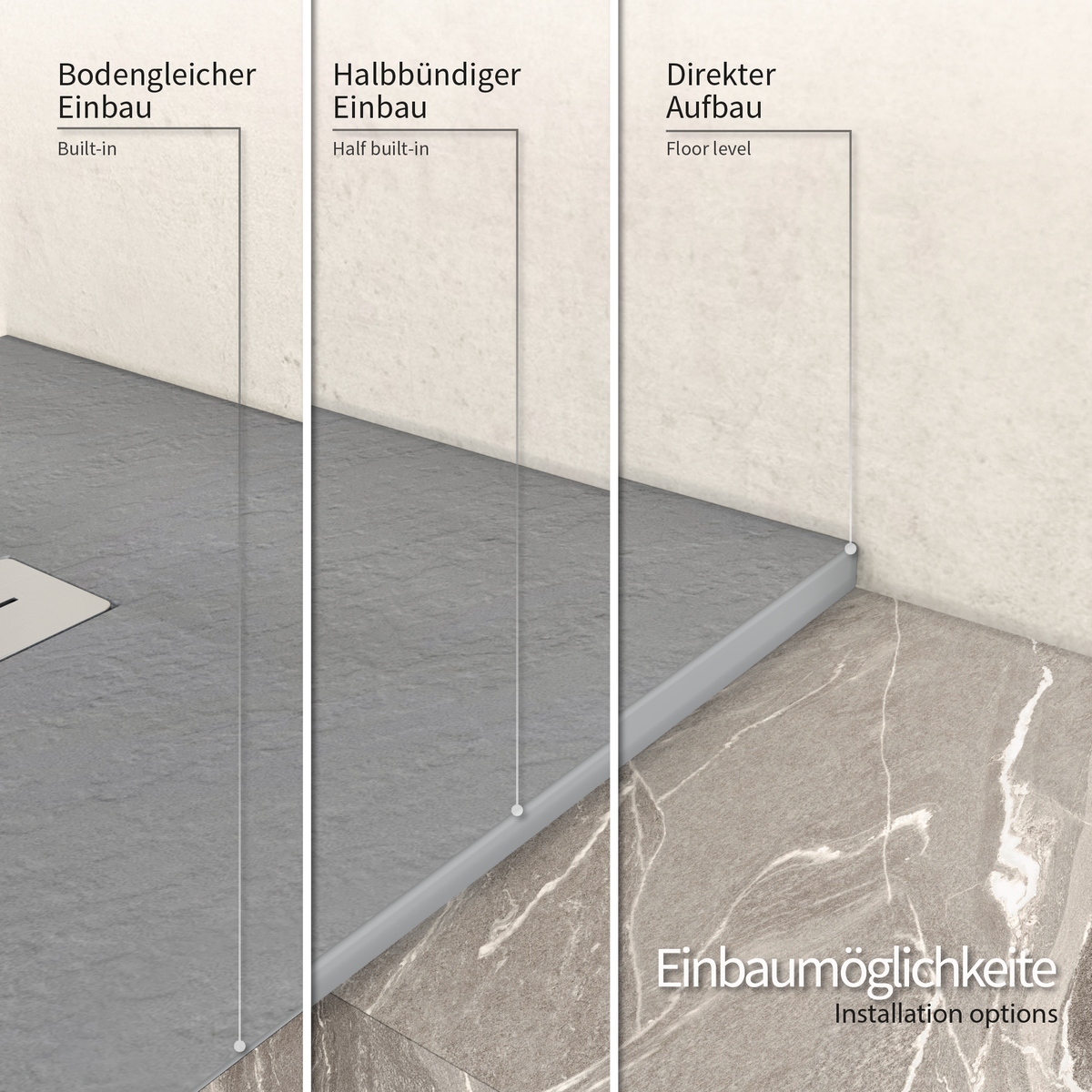 SMC Duschwanne Lumia in Schieferoptik inkl. Ablaufgarnitur Grau 90x180 cm