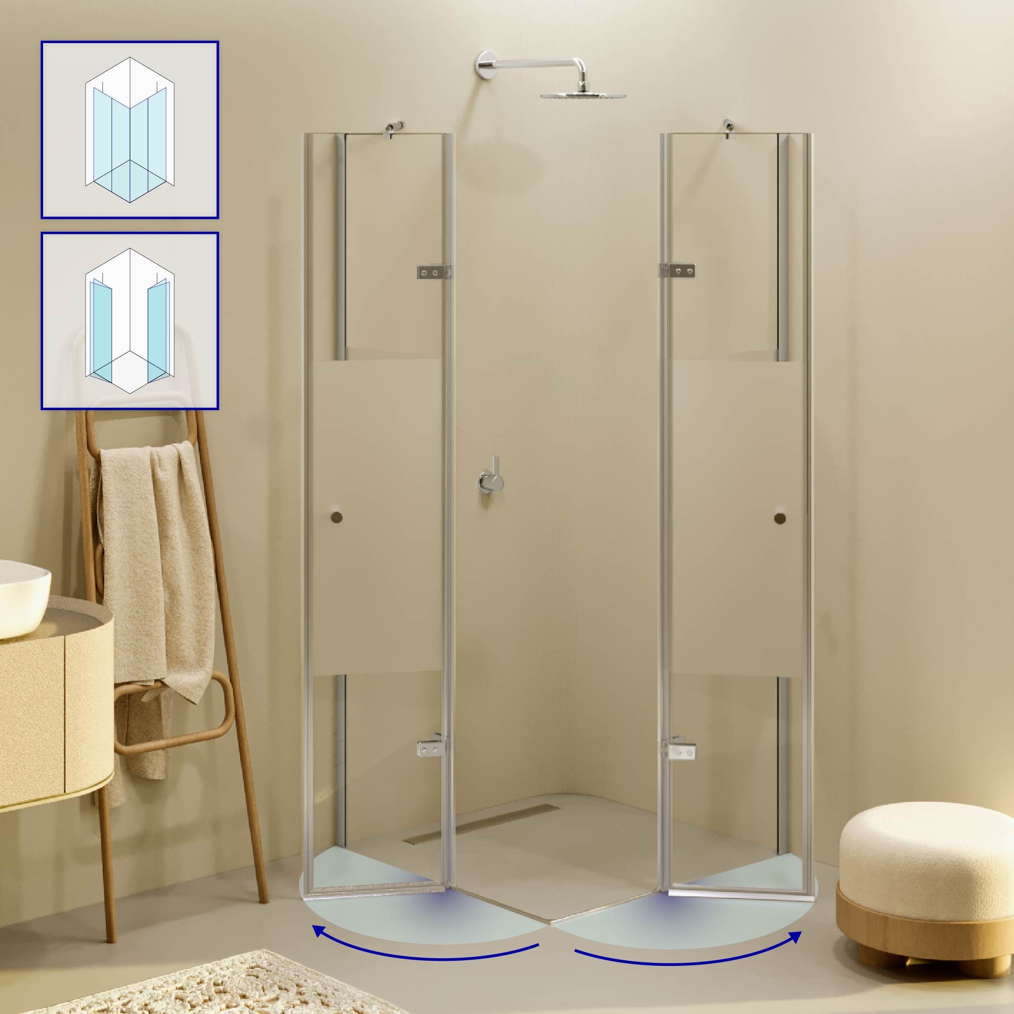Corner Entry Alice with Folding Doors made of Partially Frosted ESG Safety Glass