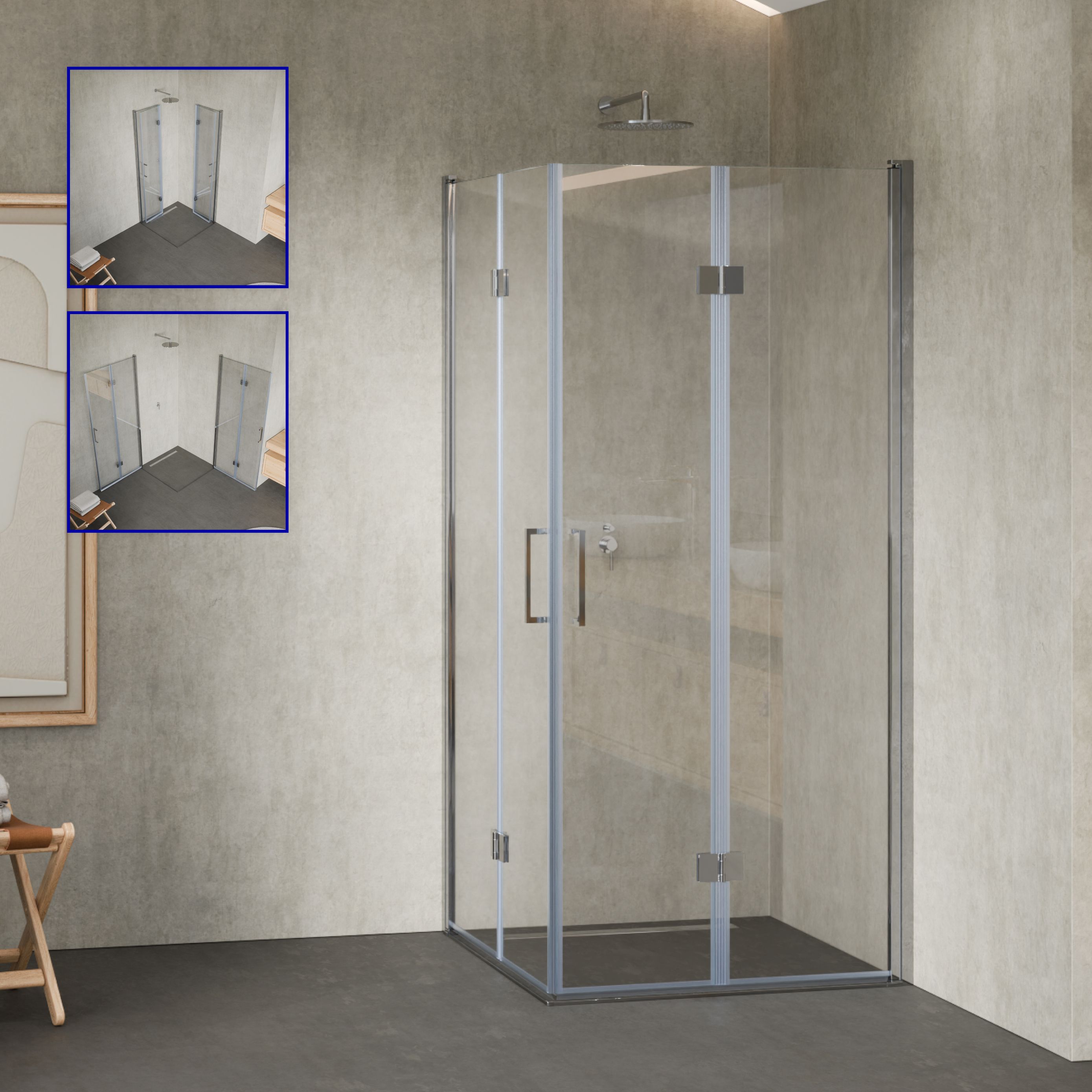 Corner entry Belle with folding doors made of 6mm tempered safety glass Belle – Eckeinstieg mit Falttüren aus 6mm ESG Sicherheitsglas