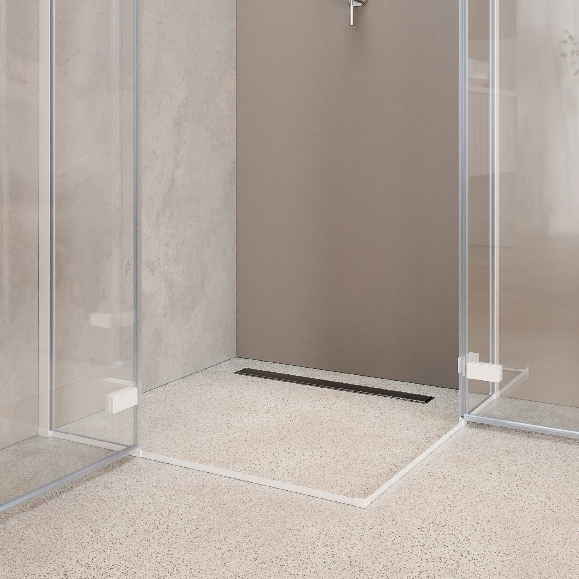 Duschkabine Eckeinstieg Jayla mit Drehtüren und weißen Profilen aus 6mm ESG Sicherheitsglas