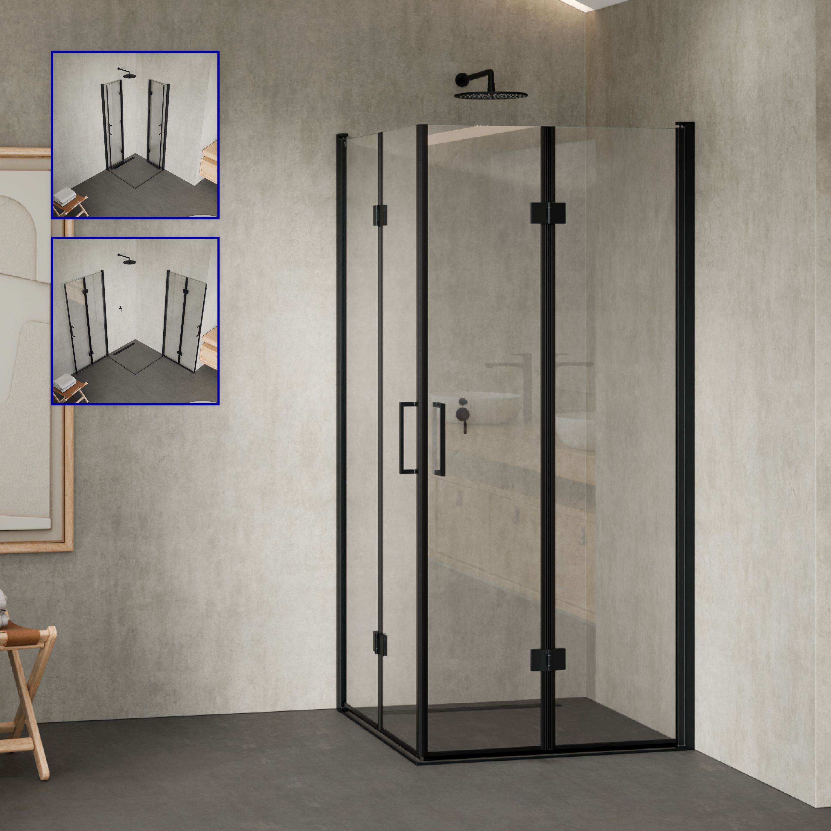 Corner entry Belle with folding doors and black profiles made of ESG safety glass. Corner entry Belle with folding doors and black profiles made of ESG safety glass.
