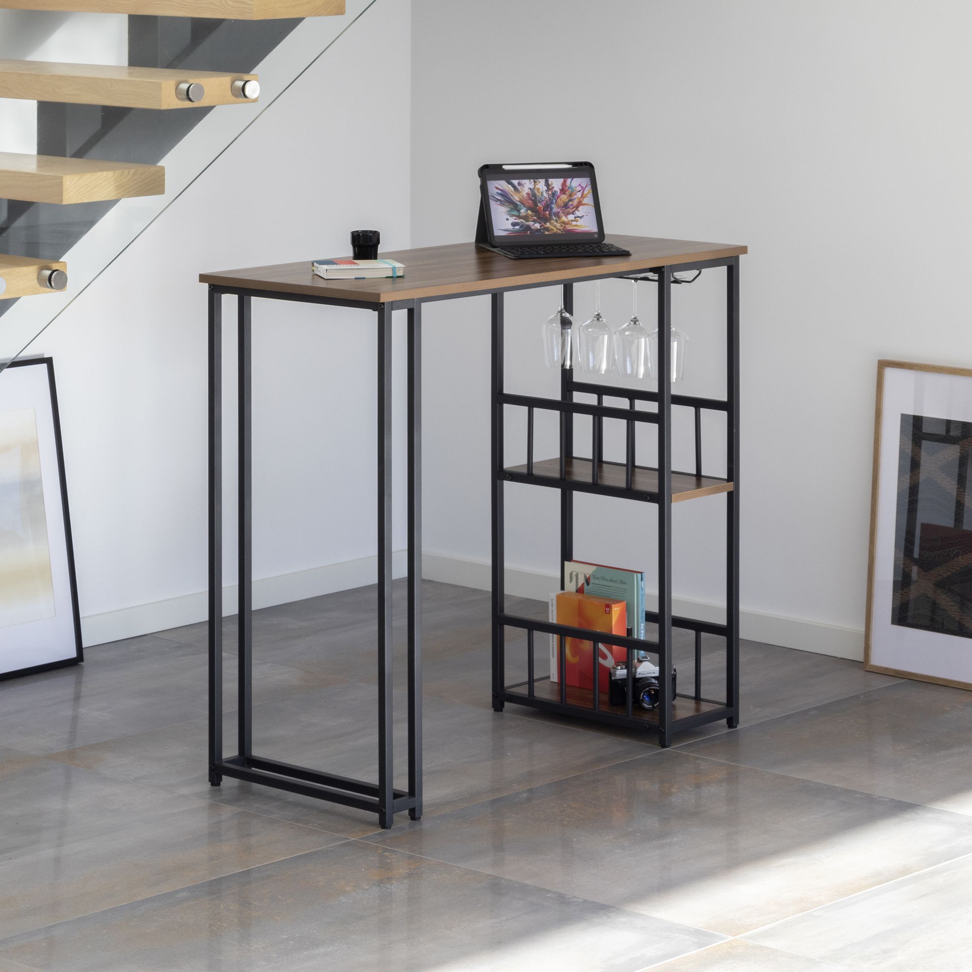 i-flair Stehtisch Bartisch Gavin – Stehtisch mit Stahlrahmen und 2 Ablageflächen & Glashalter Walnuß Bar – i-flair Standing Table Table Gavin – Standing Table with Steel Frame and 2 Shelves & Glass Holder in Walnut Finish