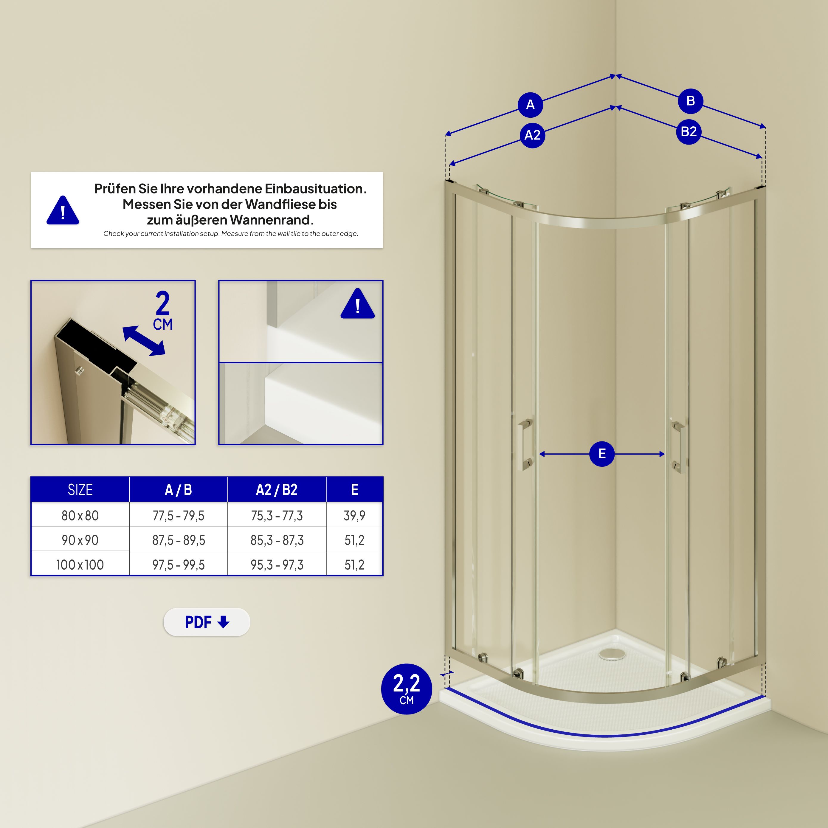 Quarter Circle Shower Ella with Sliding Doors Made of ESG Safety Glass Quarter Circle Shower Ella with Sliding Doors Made of ESG Safety Glass