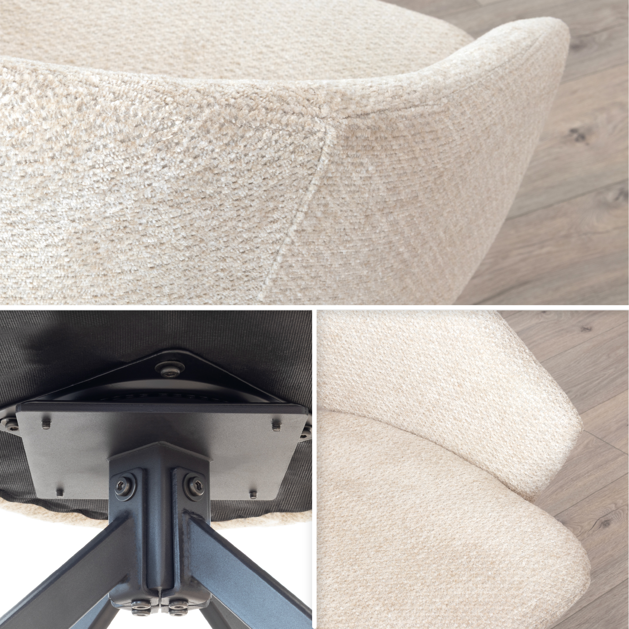 JANE – 2er-Set gepolsterte Esszimmerstühle mit 360° Drehfunktion, beigem Stoffbezug und schwarzem Metallgestell JANE – 2er-Set gepolsterte Esszimmerstühle mit 360° Drehfunktion, beigem Stoffbezug und schwarzem Metallgestell