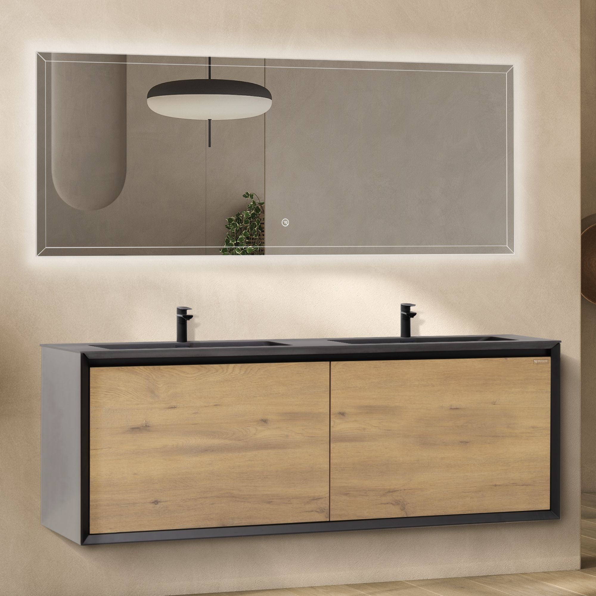 Badmoebel_Fidia_i-flair2.jpg Badmöbelset Fidia mit Doppelwaschtisch – Schwarz Matt & Eiche, LED-Antibeschlagspiegel, 150/190 cm