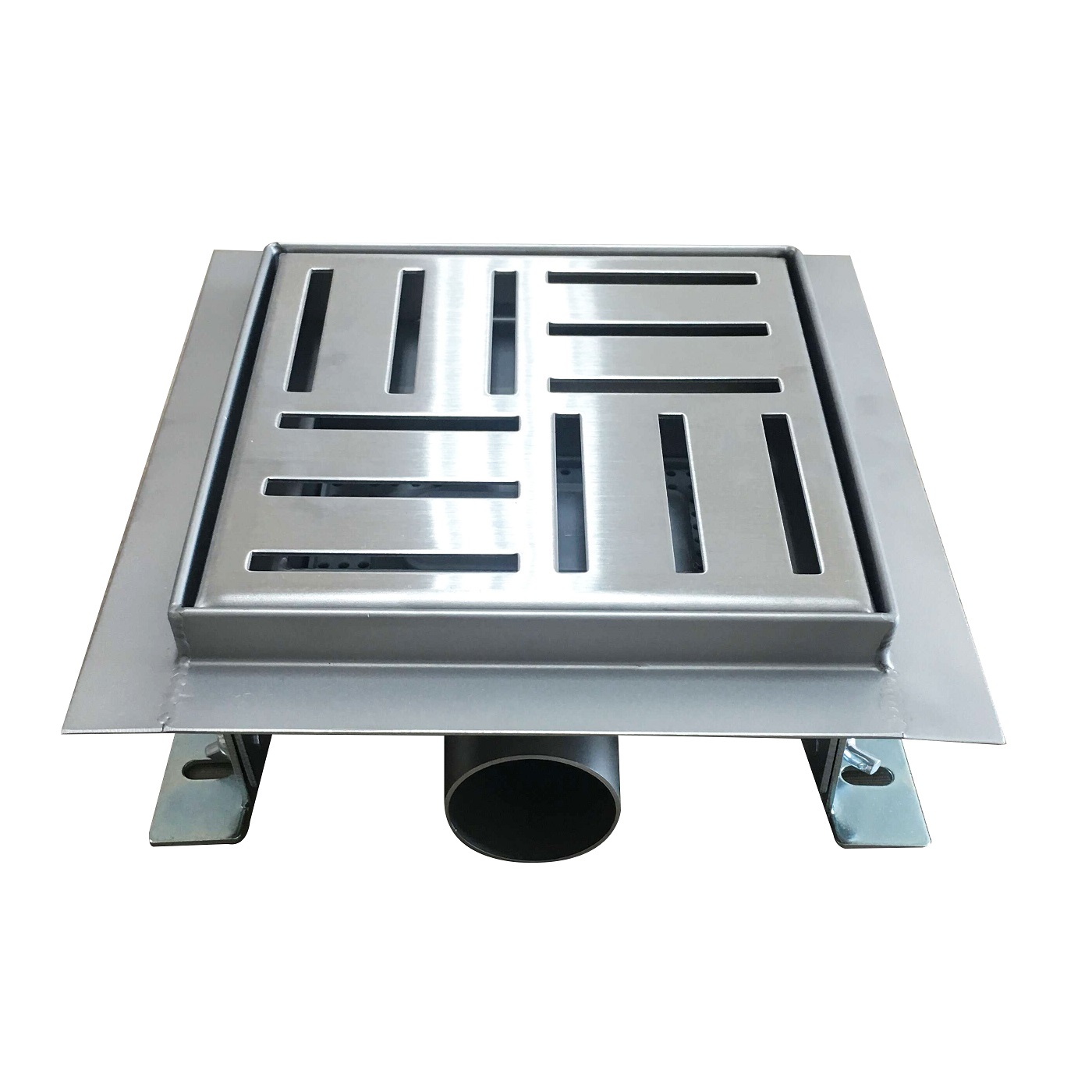 Quadratische Duschrinne Q3 aus Edelstahl für flache Installation mit Schlitzmuster Quadratische Duschrinne Bodenablauf Rinnen aus Edelstahl sehr flach Q3