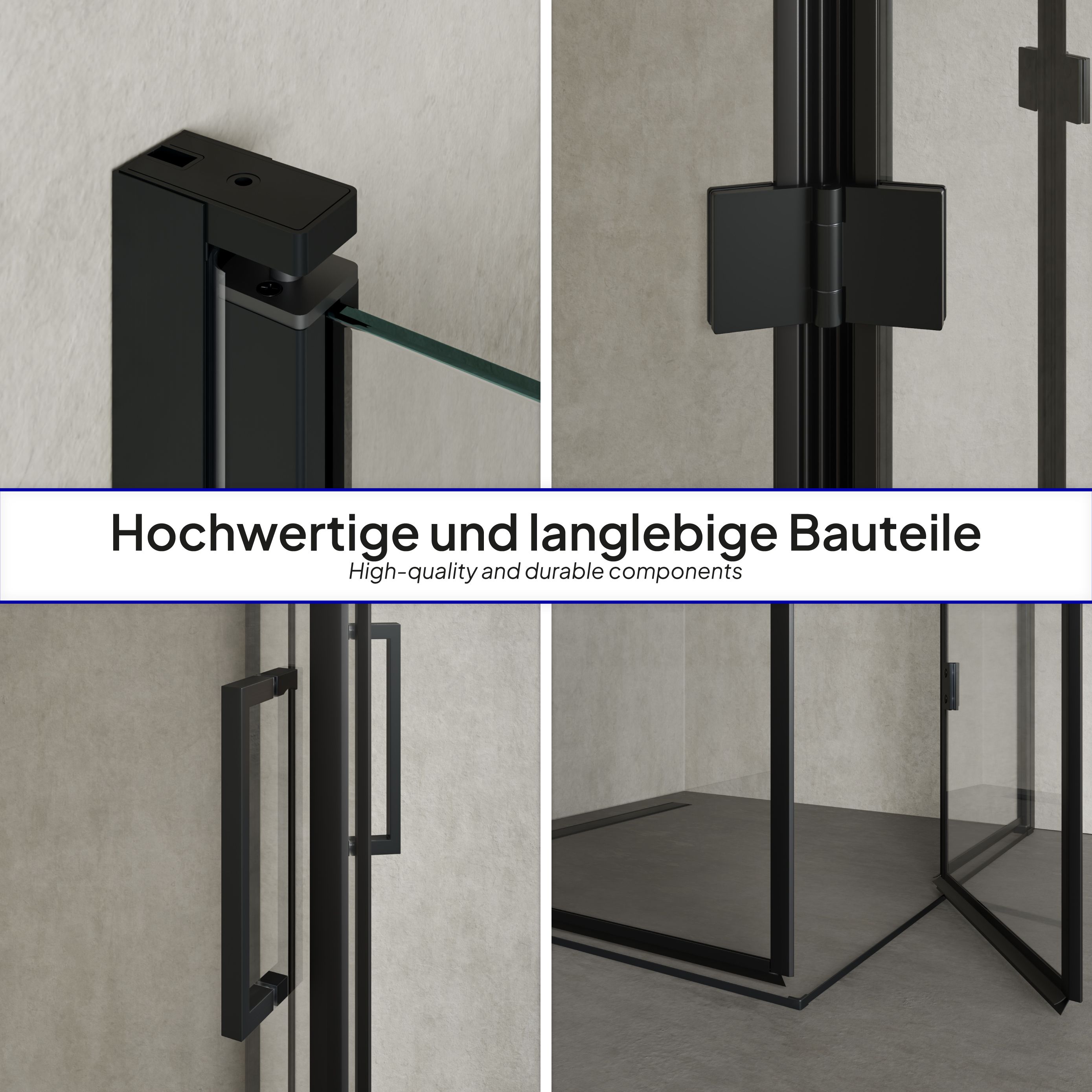 Corner entry Belle with folding doors and black profiles made of ESG safety glass. Corner entry Belle with folding doors and black profiles made of ESG safety glass.