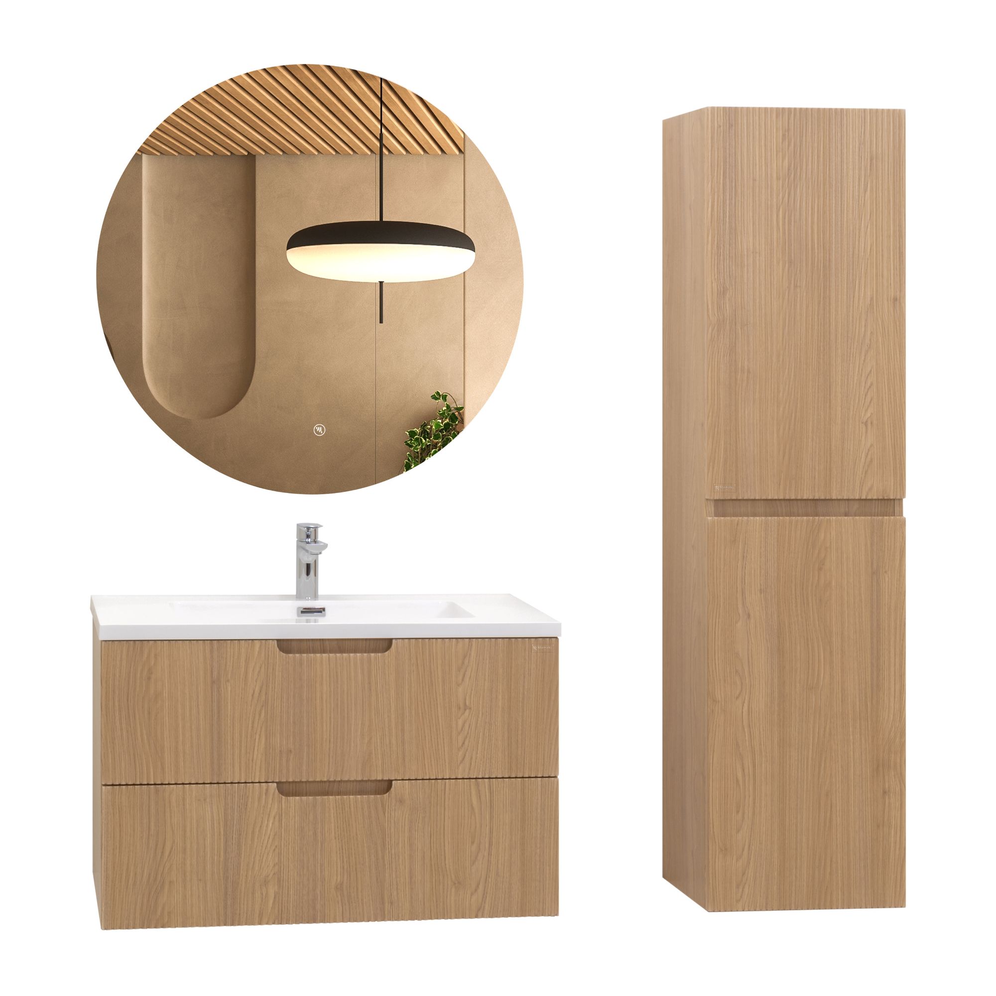 Badmöbelset Tália Modular – Weißer Resin-Waschtisch, Wandhängender Schrank, Rundspiegel & Seitenmodul (60/80/100 cm) Modular – Badmöbelset Tália – Weißer Resin-Waschtisch, Wandhängender Schrank in Eichenfarbe, Rundspiegel & Seitenmodul (60/80/100 cm)