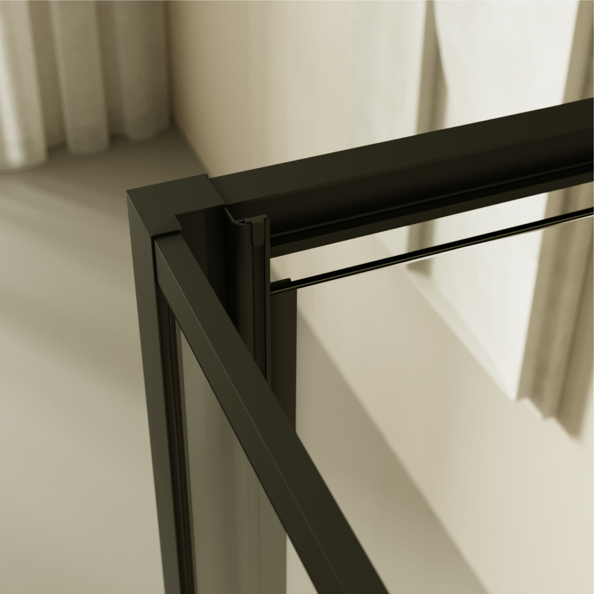 Fronteinstieg Isadora mit Klapptür und schwarzen Profilen aus ESG Sicherheitsglas Fronteinstieg Isadora mit Klapptür und schwarzen Profilen aus ESG Sicherheitsglas